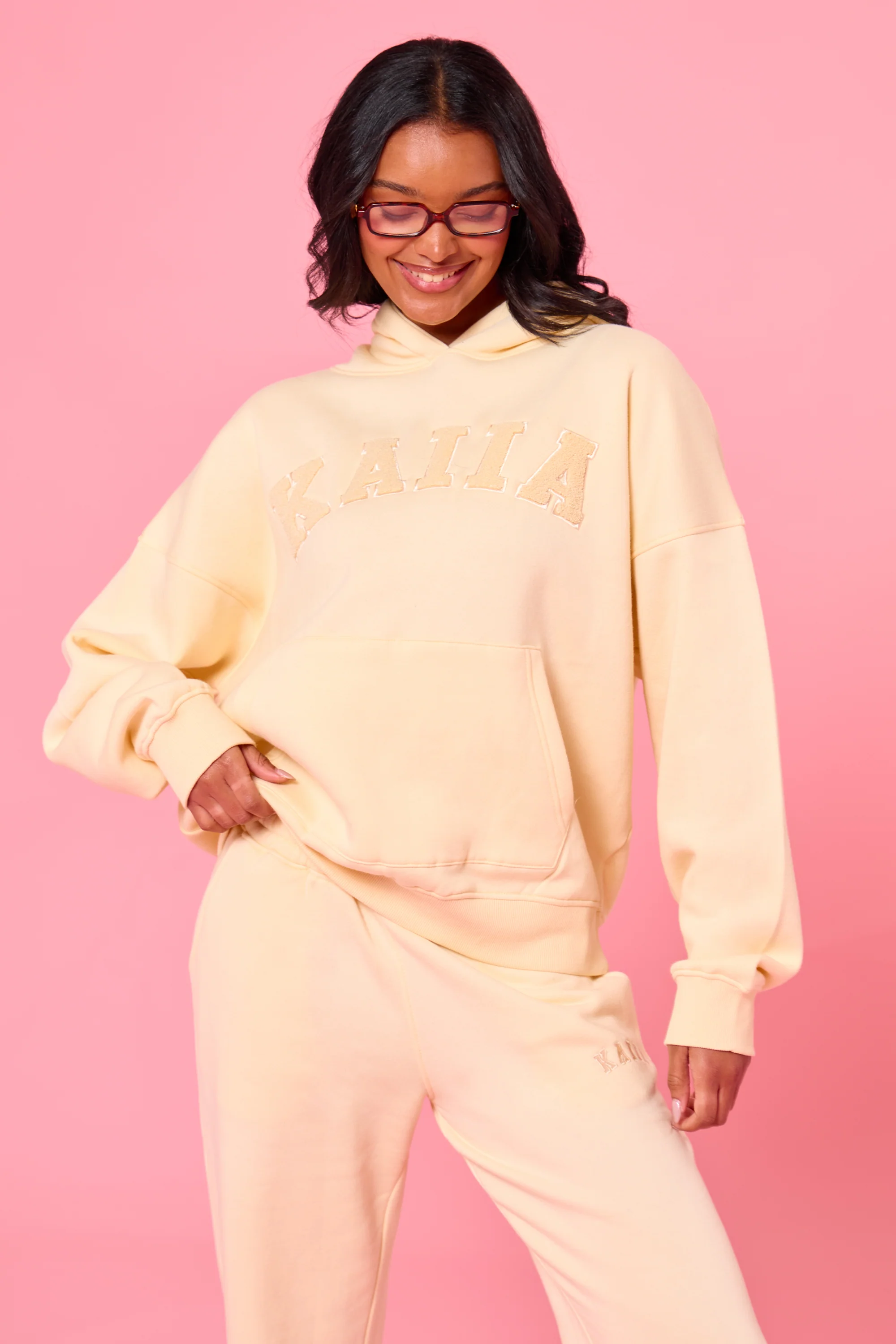Kaiia Borg Slogan Oversized Hoodie Lemon - Image 3