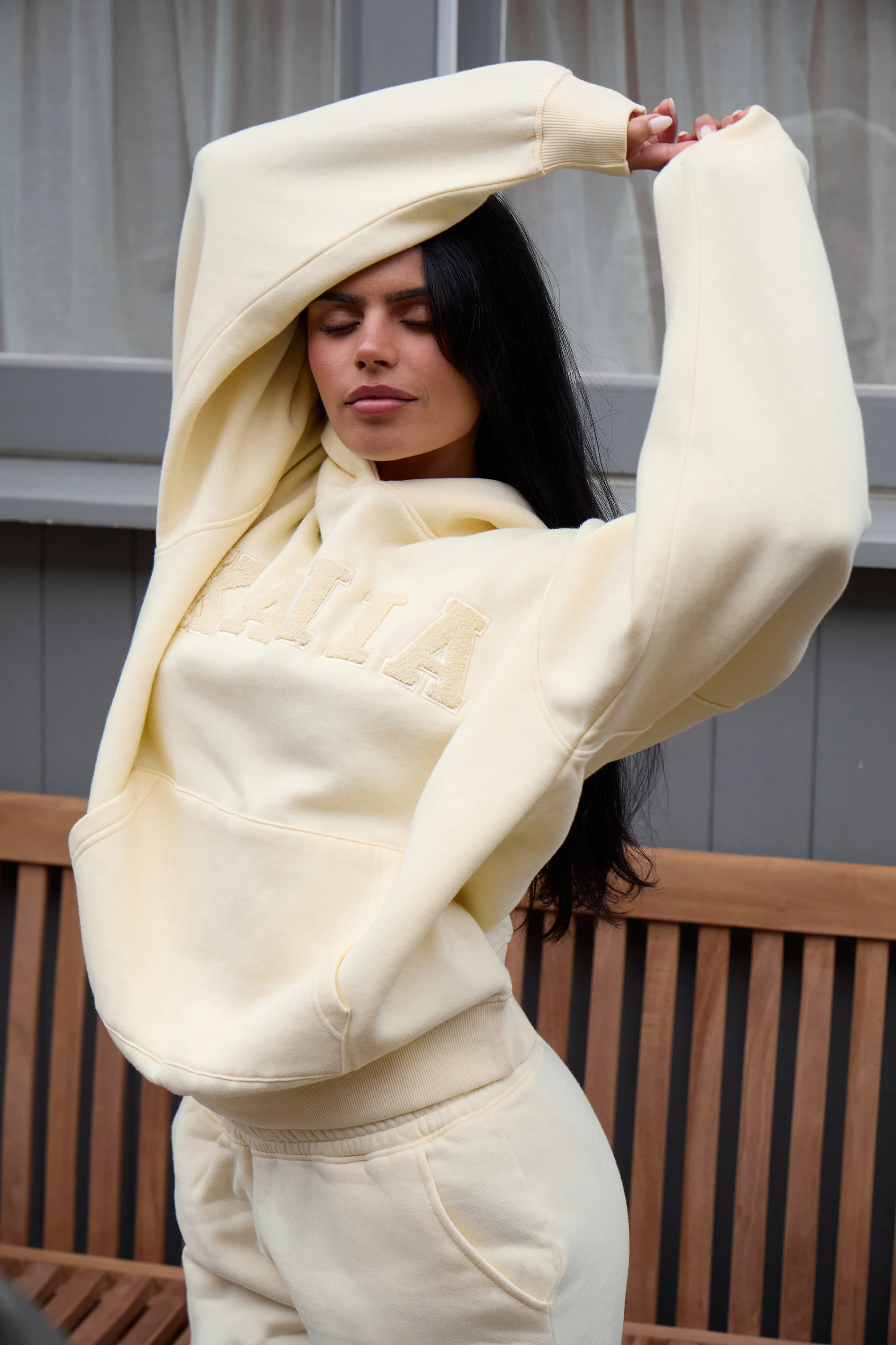 Kaiia Borg Slogan Oversized Hoodie Lemon - Image 4