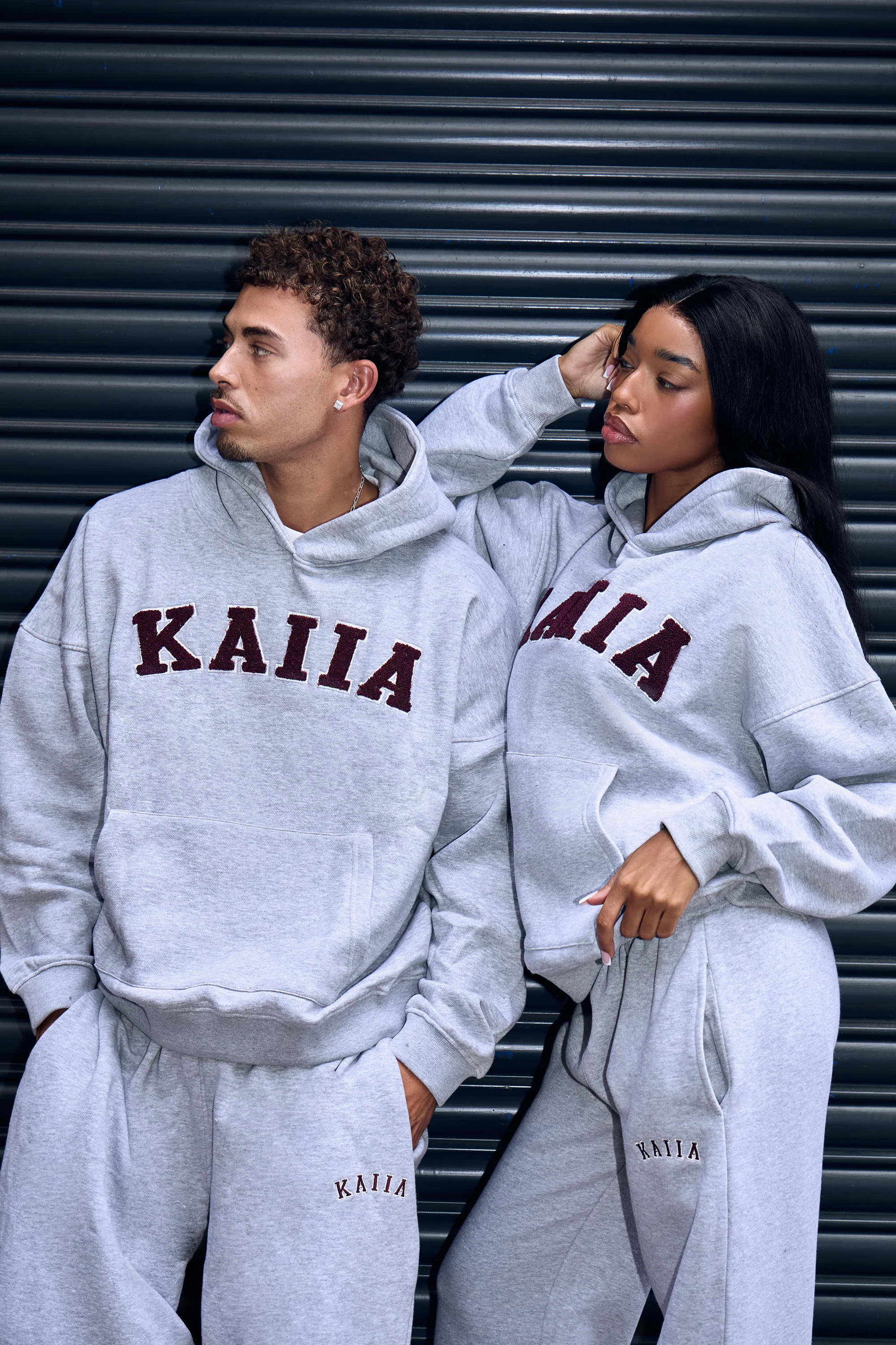 Kaiia Borg Slogan Oversized Hoodie Mid Grey & Burgundy - Image 2