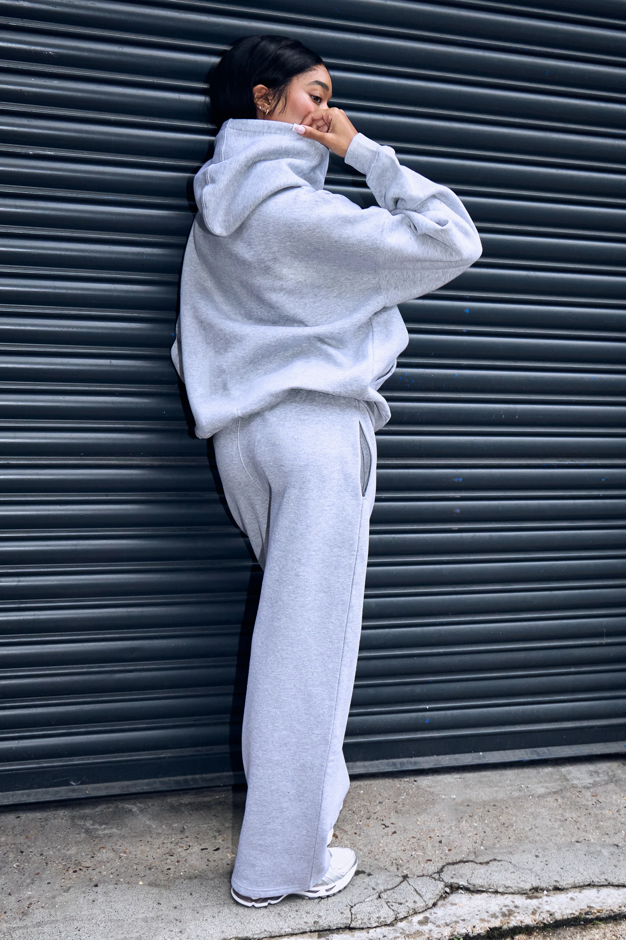 Kaiia Borg Slogan Oversized Hoodie Mid Grey & Burgundy - Image 4