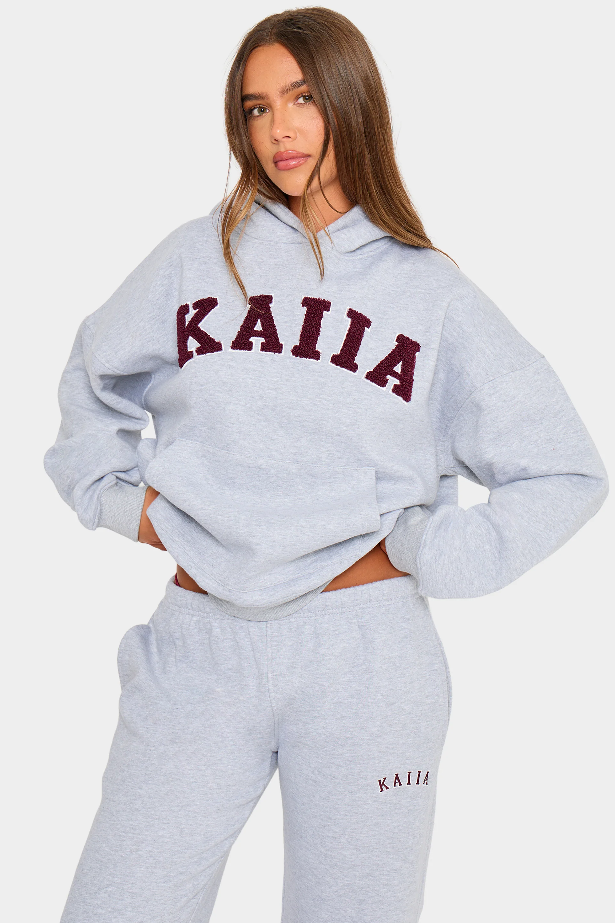 Kaiia Borg Slogan Oversized Hoodie Mid Grey & Burgundy - Image 5