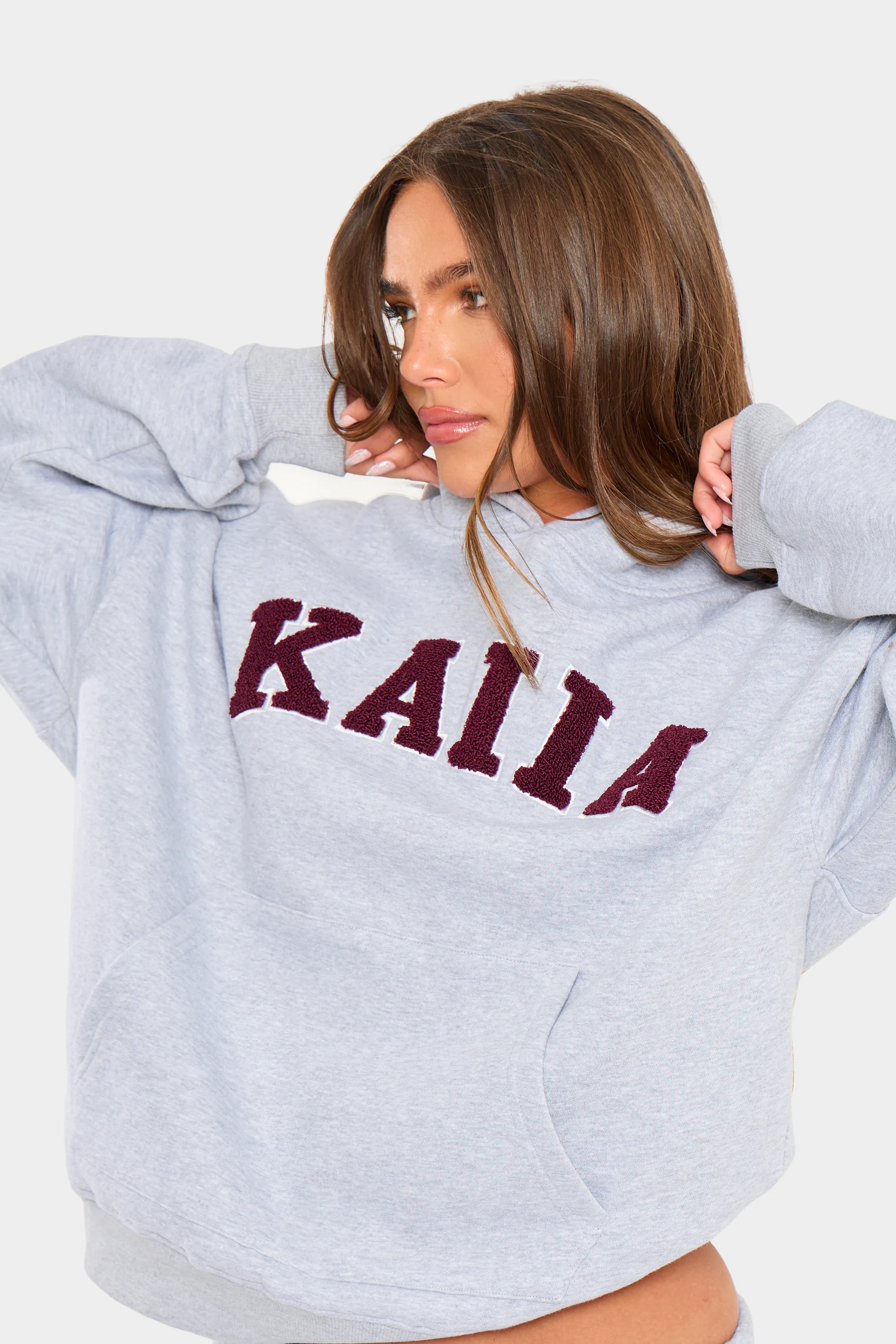 Kaiia Borg Slogan Oversized Hoodie Mid Grey & Burgundy - Image 6