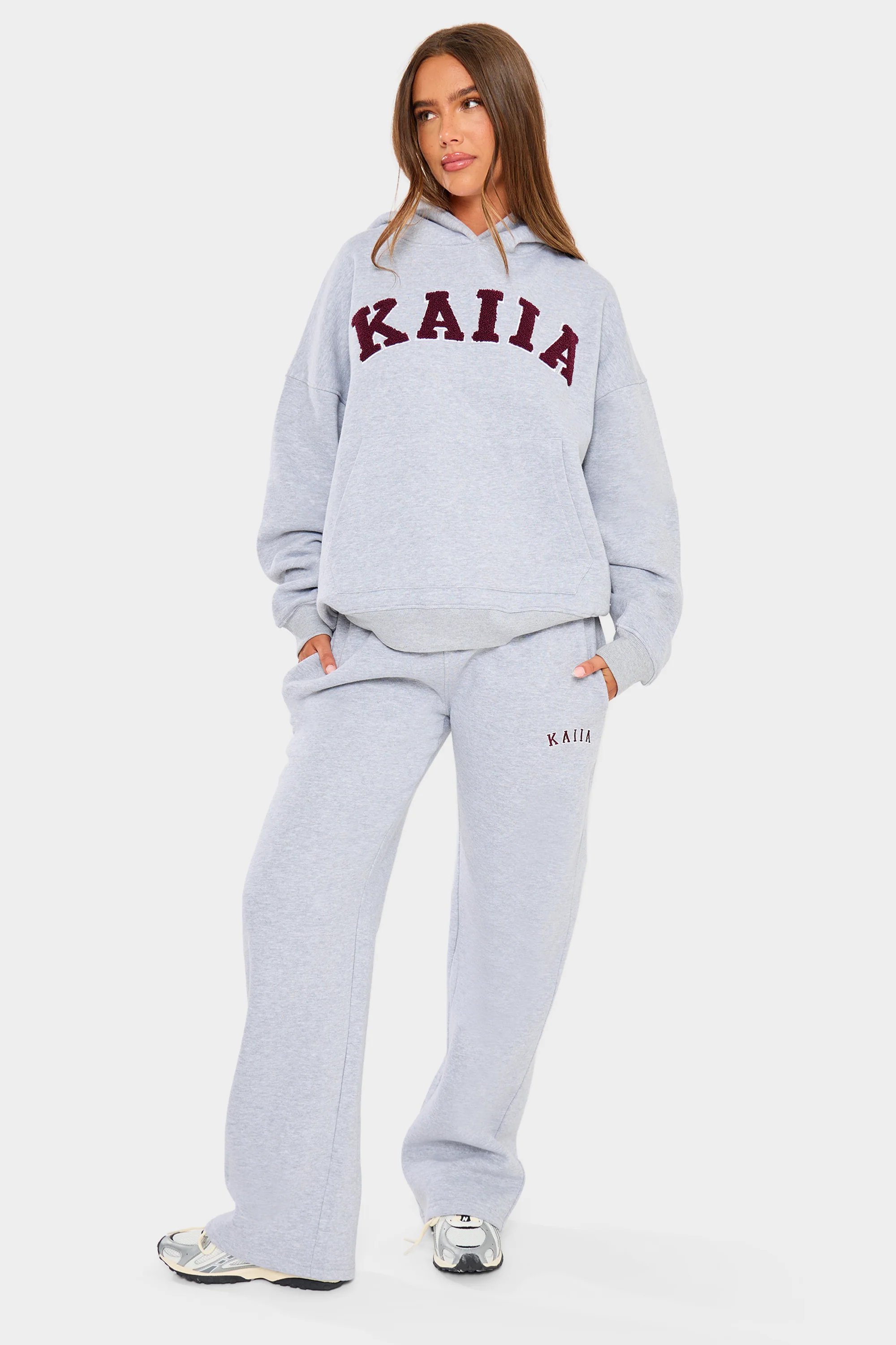 Kaiia Borg Slogan Oversized Hoodie Mid Grey & Burgundy - Image 7