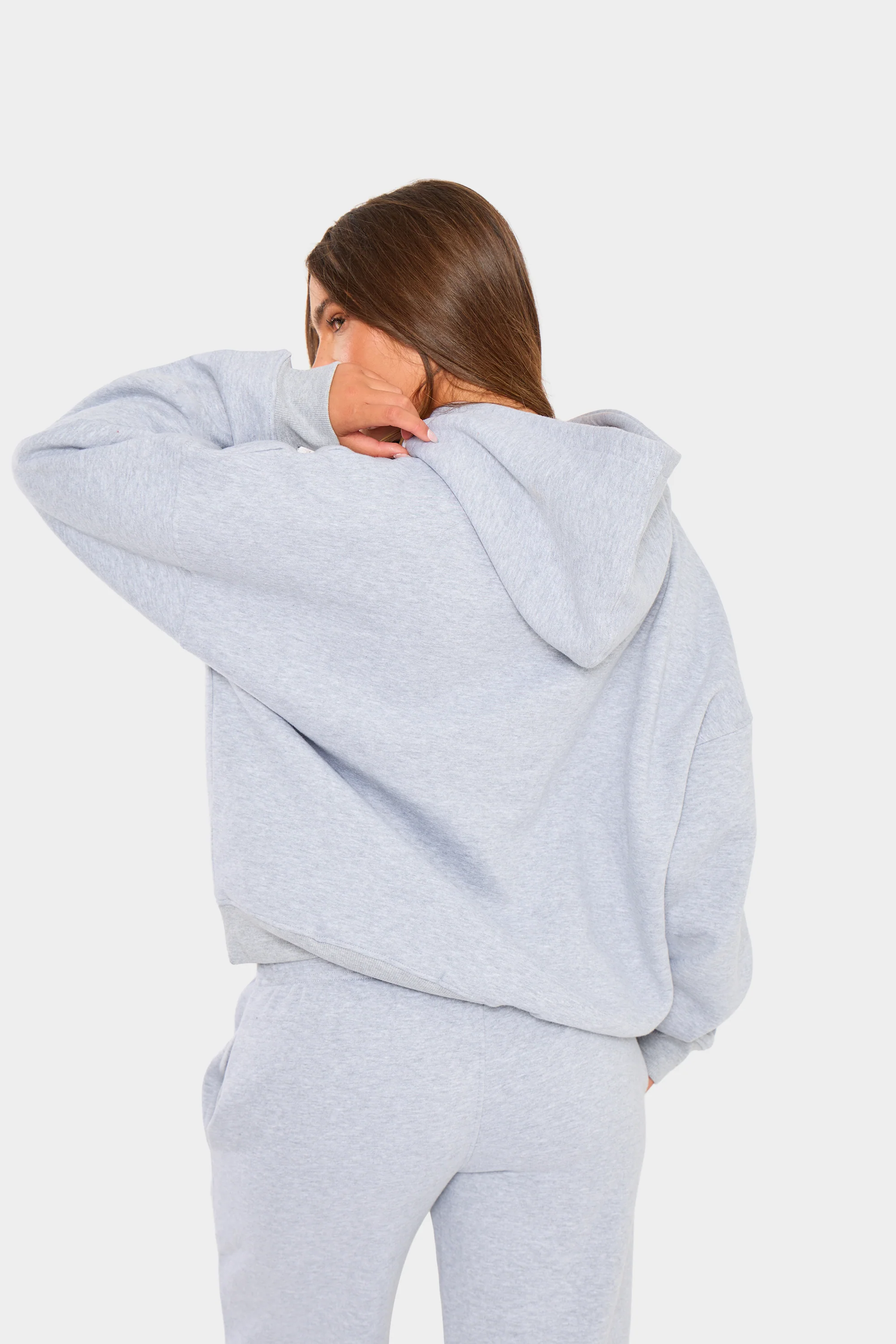 Kaiia Borg Slogan Oversized Hoodie Mid Grey & Burgundy - Image 8