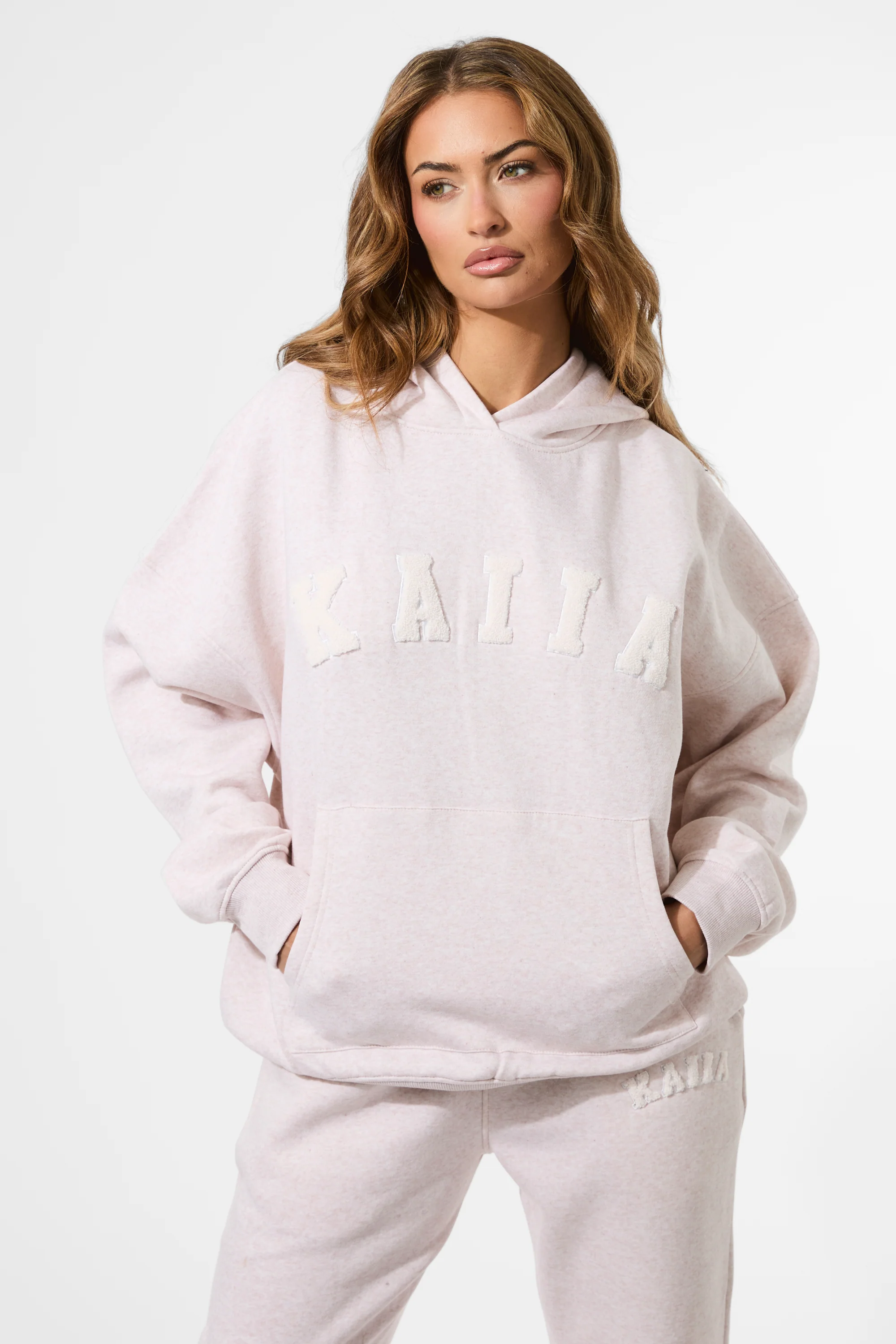 Kaiia Borg Slogan Oversized Hoodie Oat