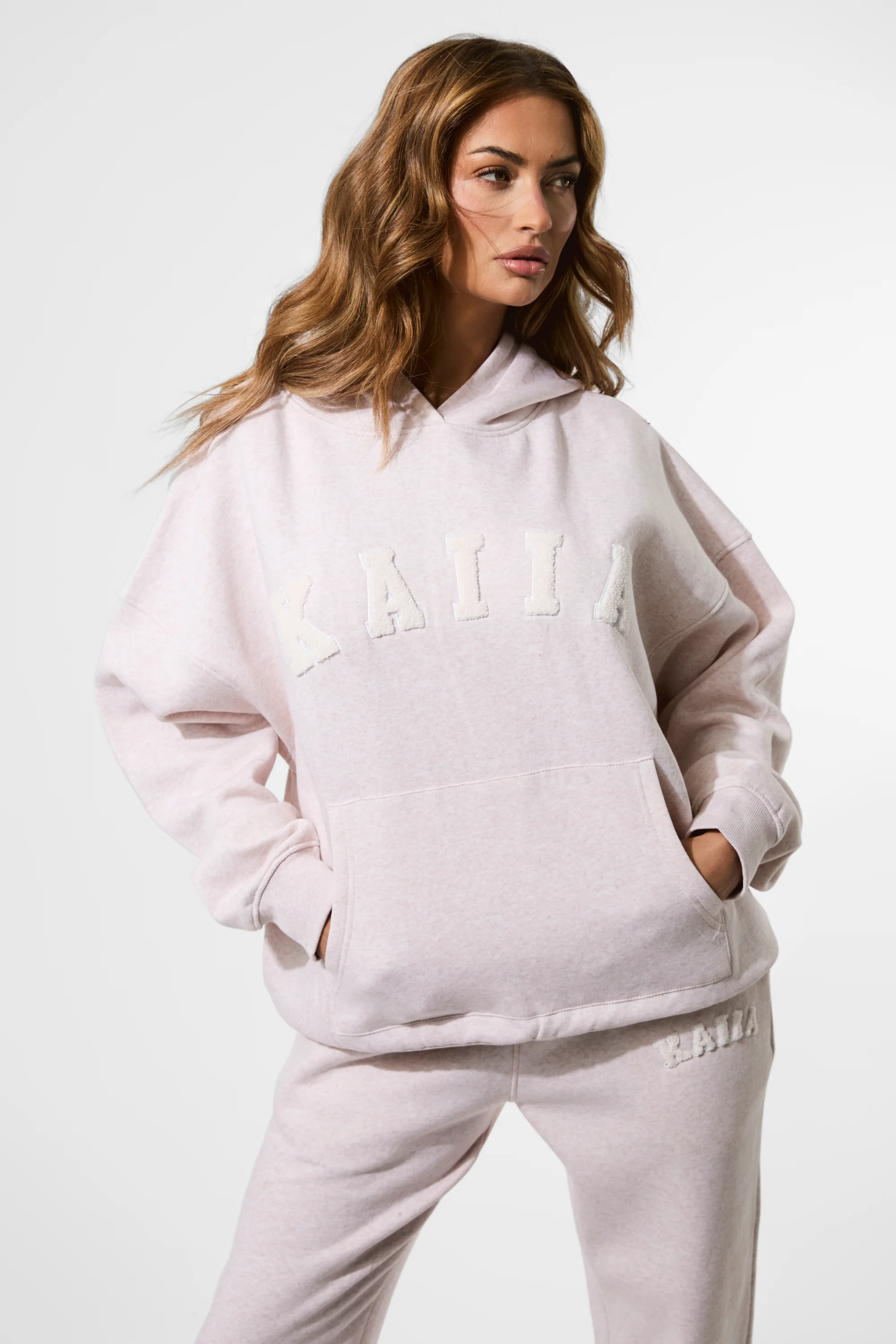 Kaiia Borg Slogan Oversized Hoodie Oat - Image 4