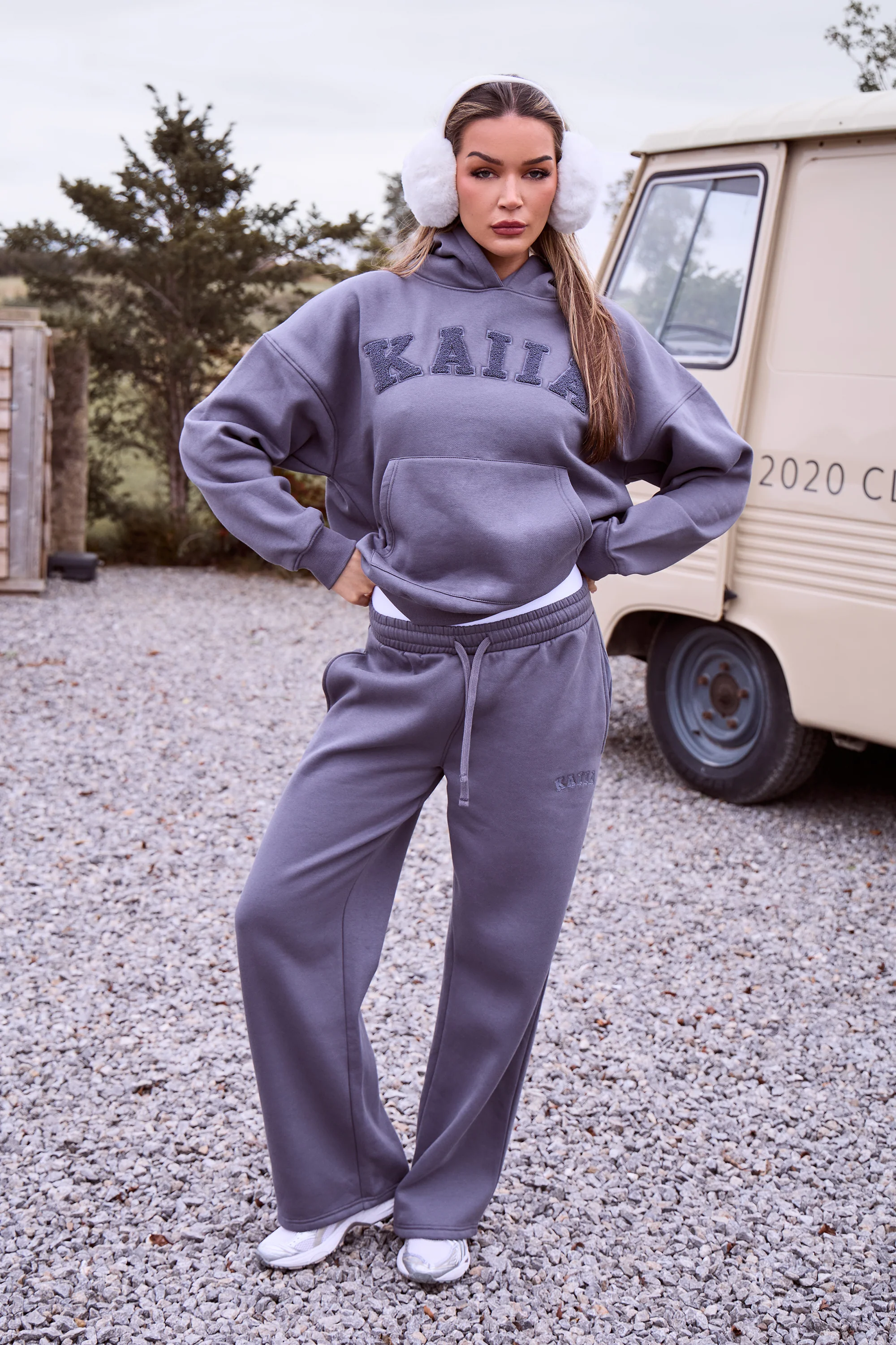 Kaiia Borg Slogan Oversized Hoodie Petrol Grey - Image 2