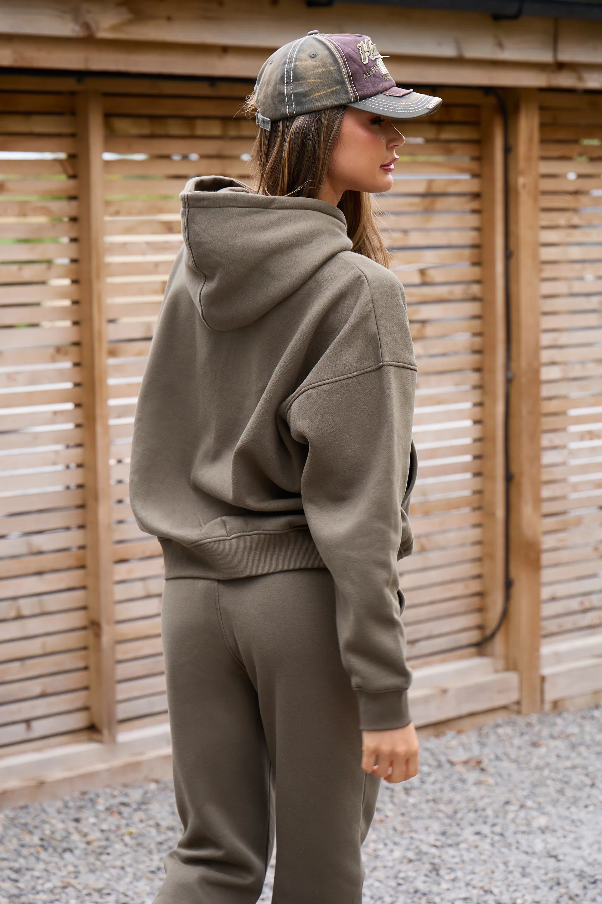 Kaiia Slogan Oversized Hoodie Warm Khaki - Image 3