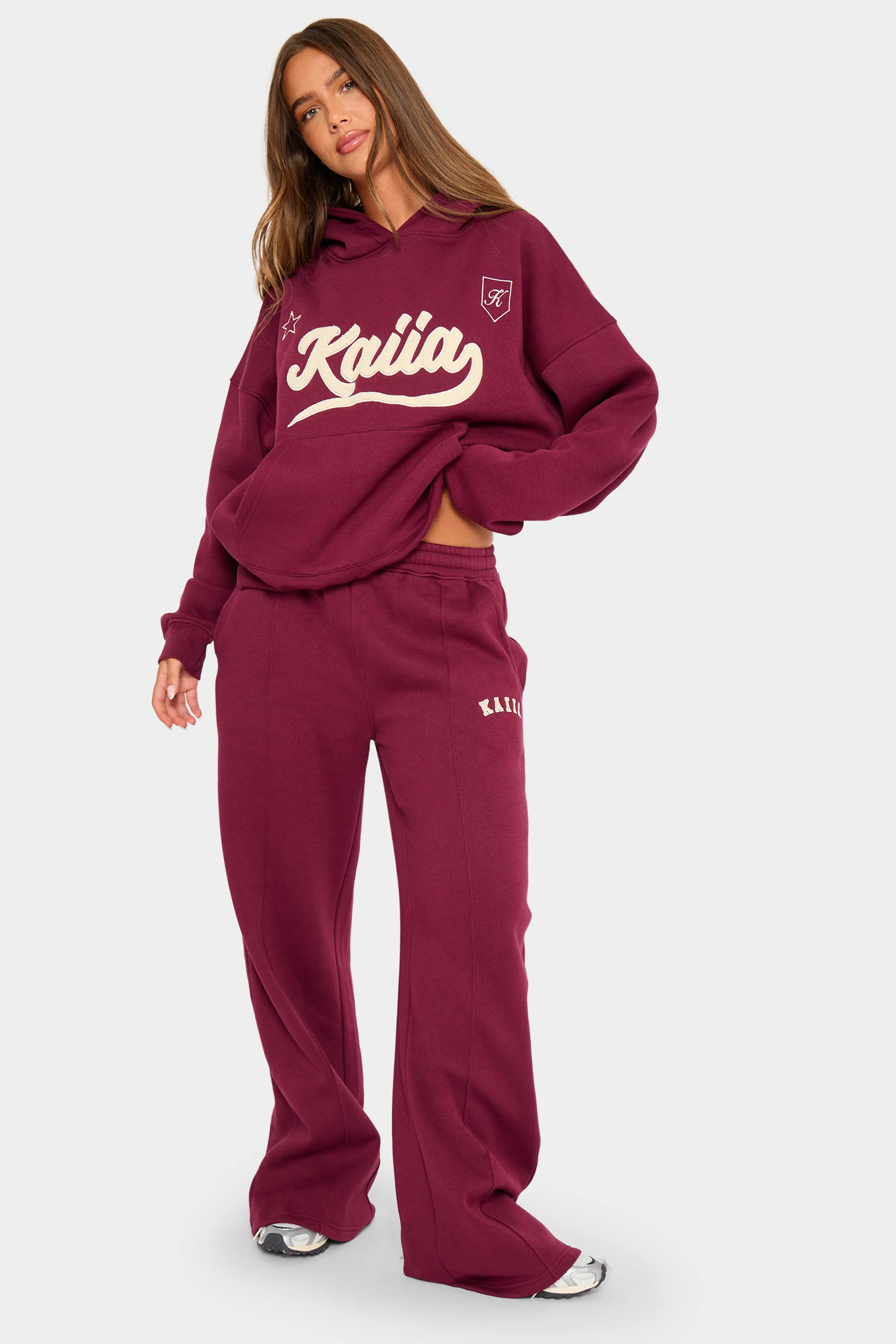 Kaiia Borg Varsity Oversized Hoodie Burgundy & Cream - Image 3