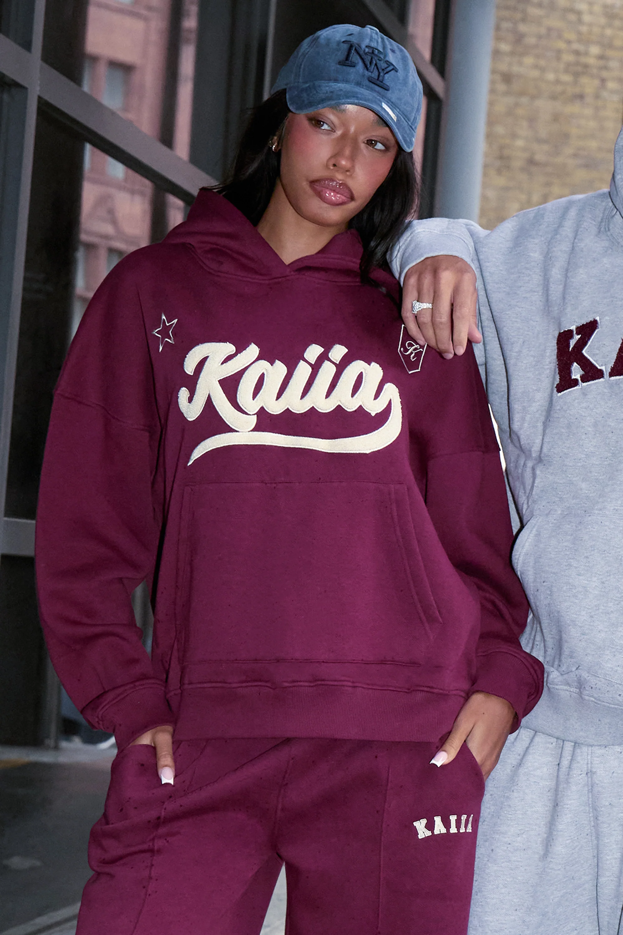 Kaiia Borg Varsity Oversized Hoodie Burgundy & Cream - Image 5