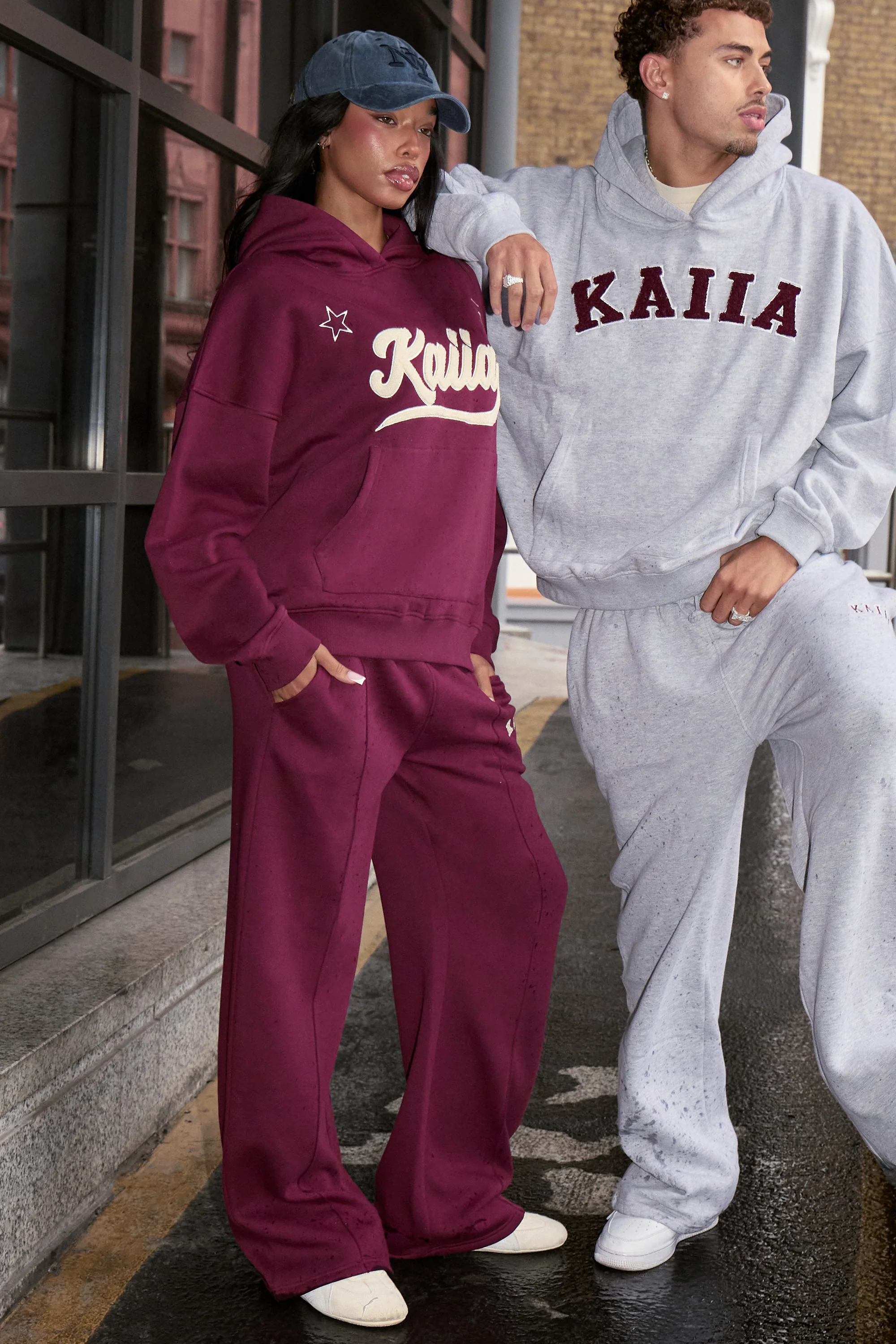 Kaiia Borg Varsity Oversized Hoodie Burgundy & Cream - Image 7