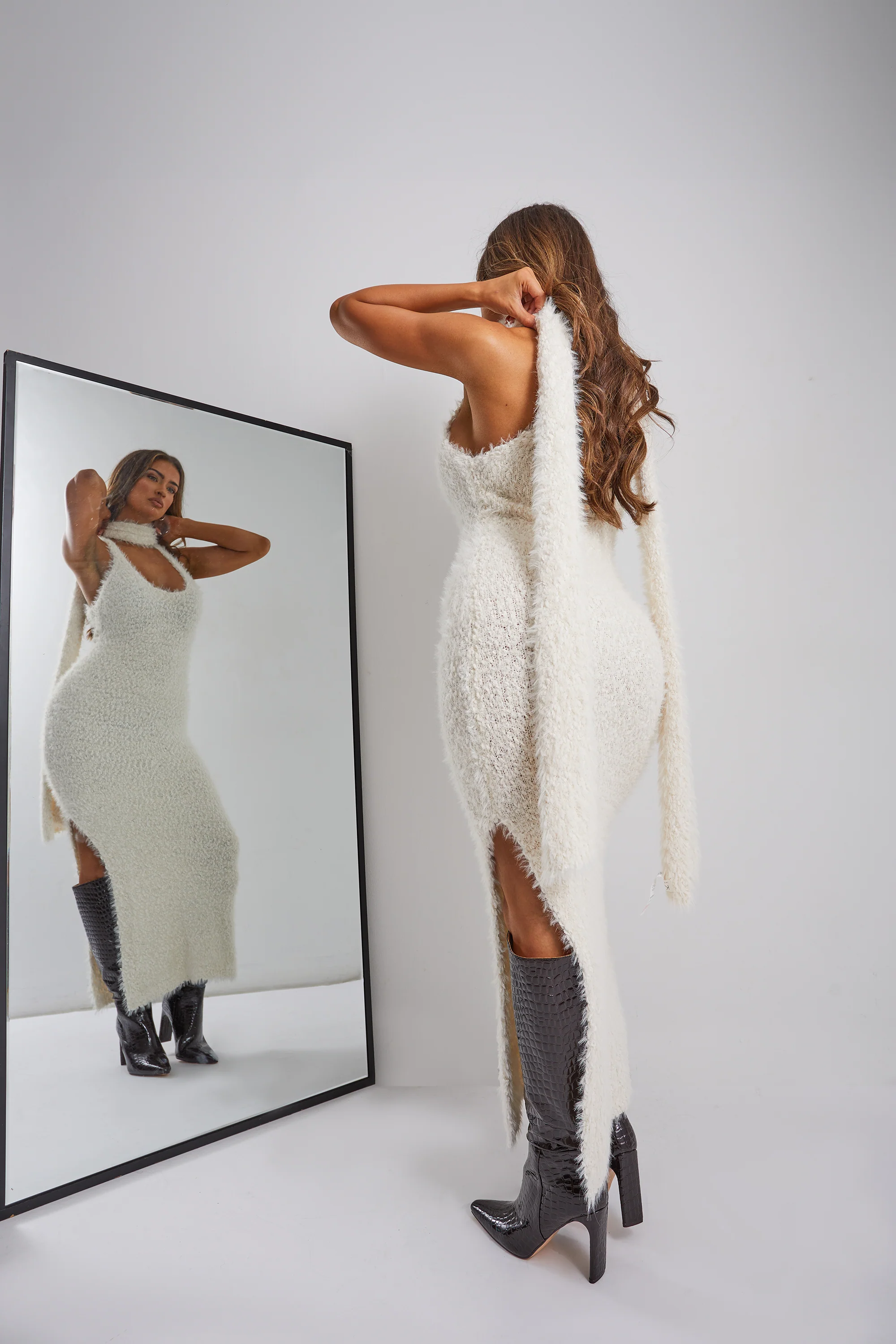 Kaiia Boucle Knitted Maxi Dress With Skinny Scarf in Cream - Image 3
