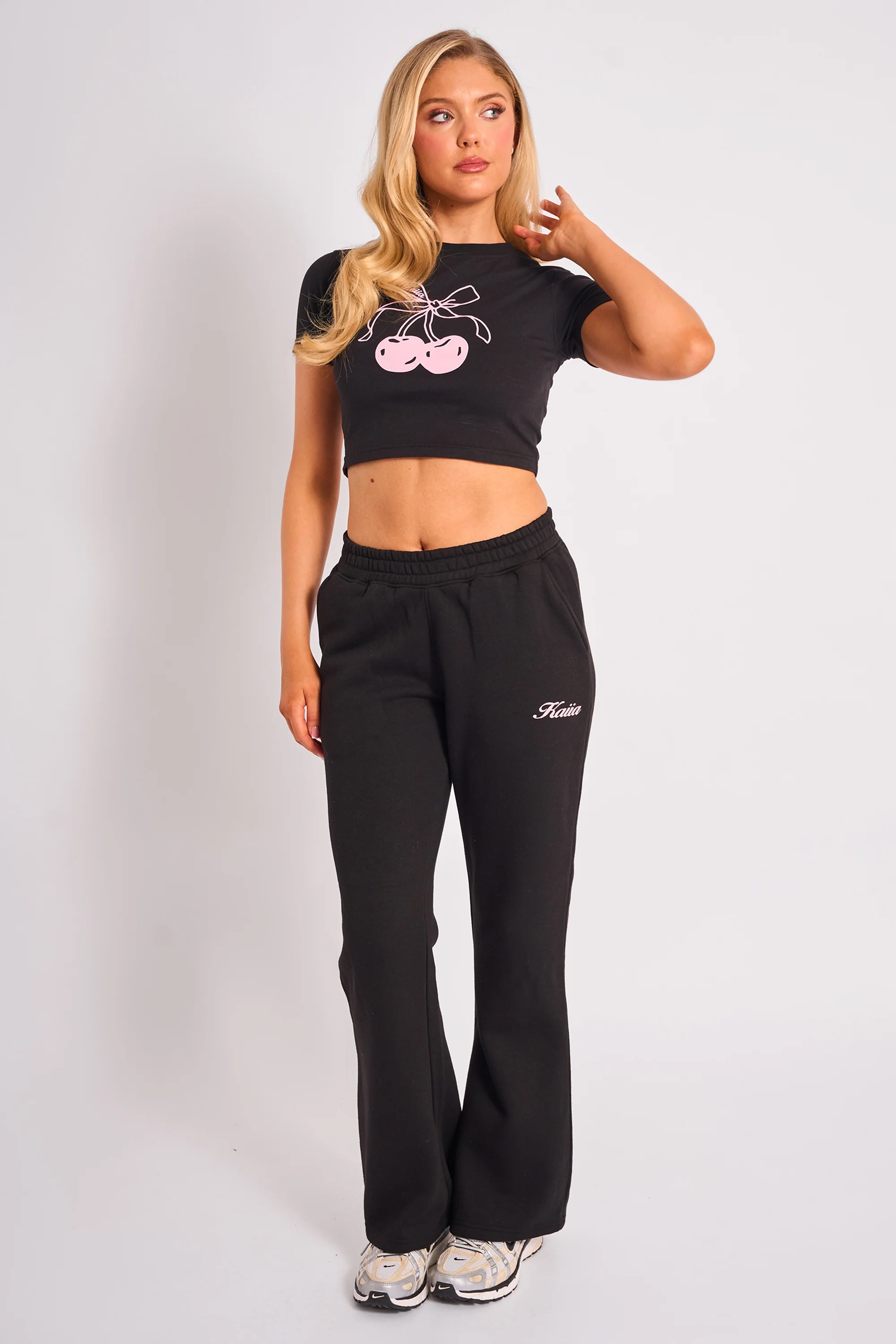 Kaiia Bow Cherry Graphic Baby Tee Black & Pink - Image 4