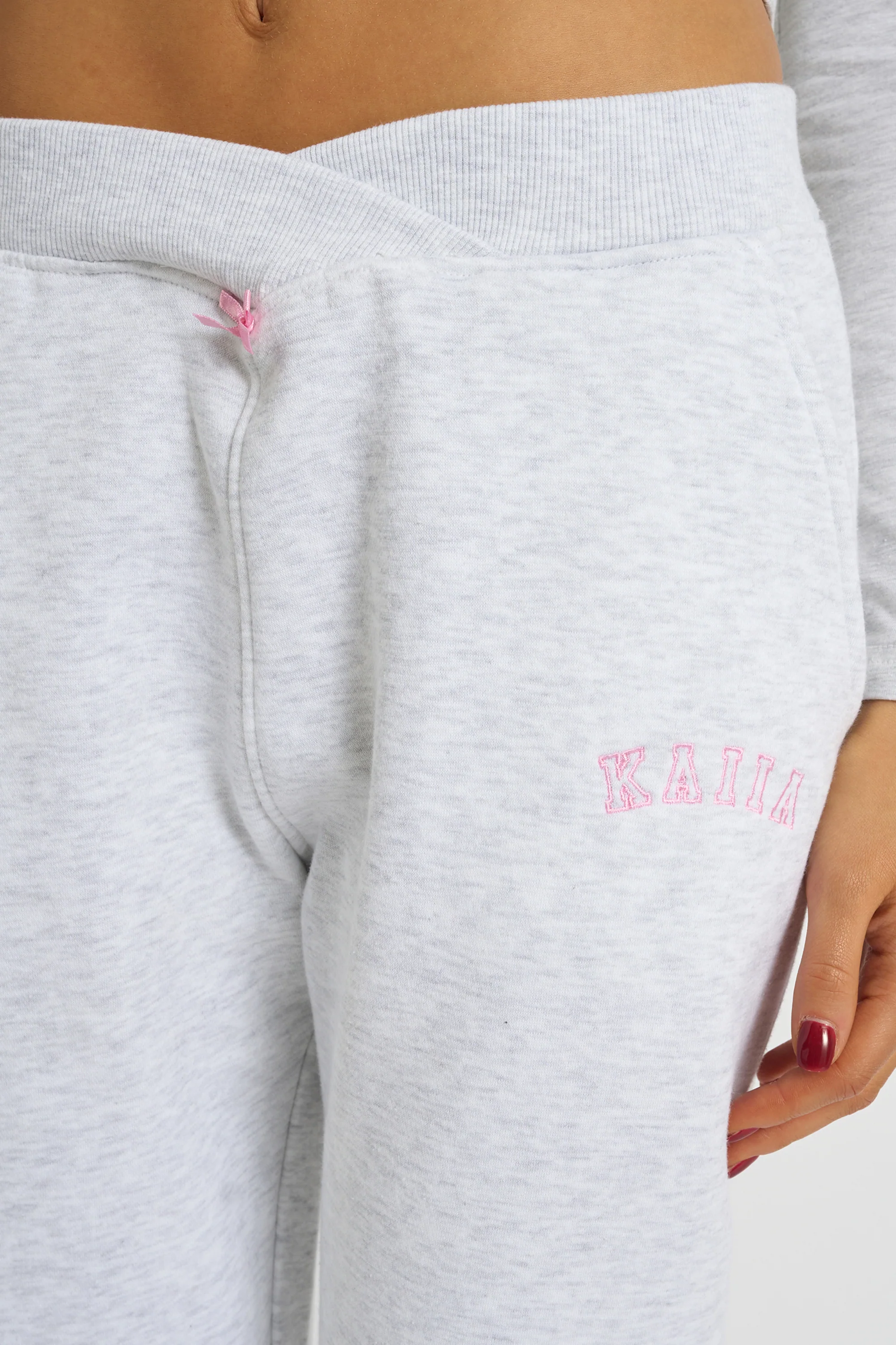 Kaiia Bow Detail Cross Over Waistband Joggers Light Grey Marl - Image 3