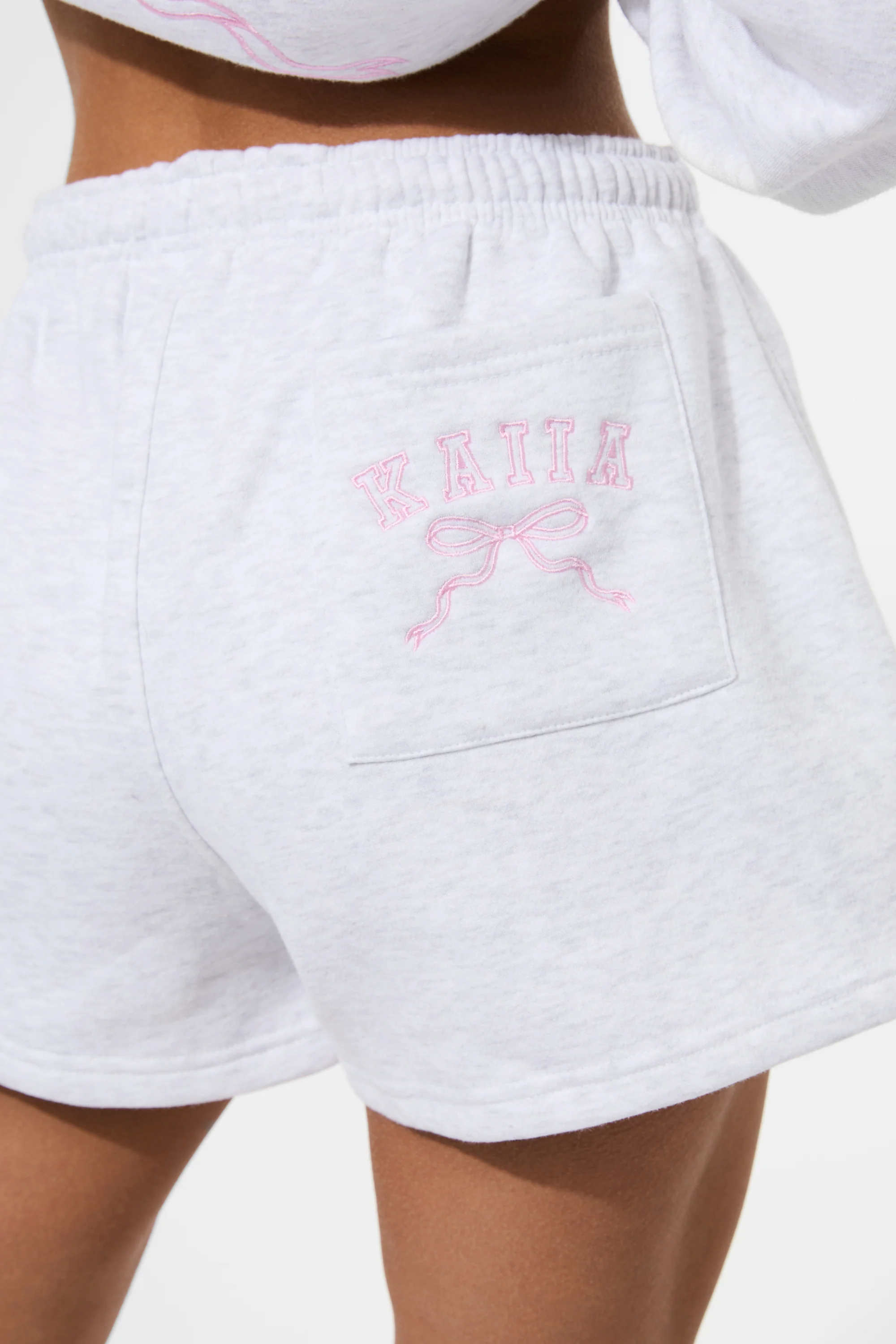 Kaiia Bow Embroidered Sweat Shorts Light Grey Marl & Baby Pink - Image 3