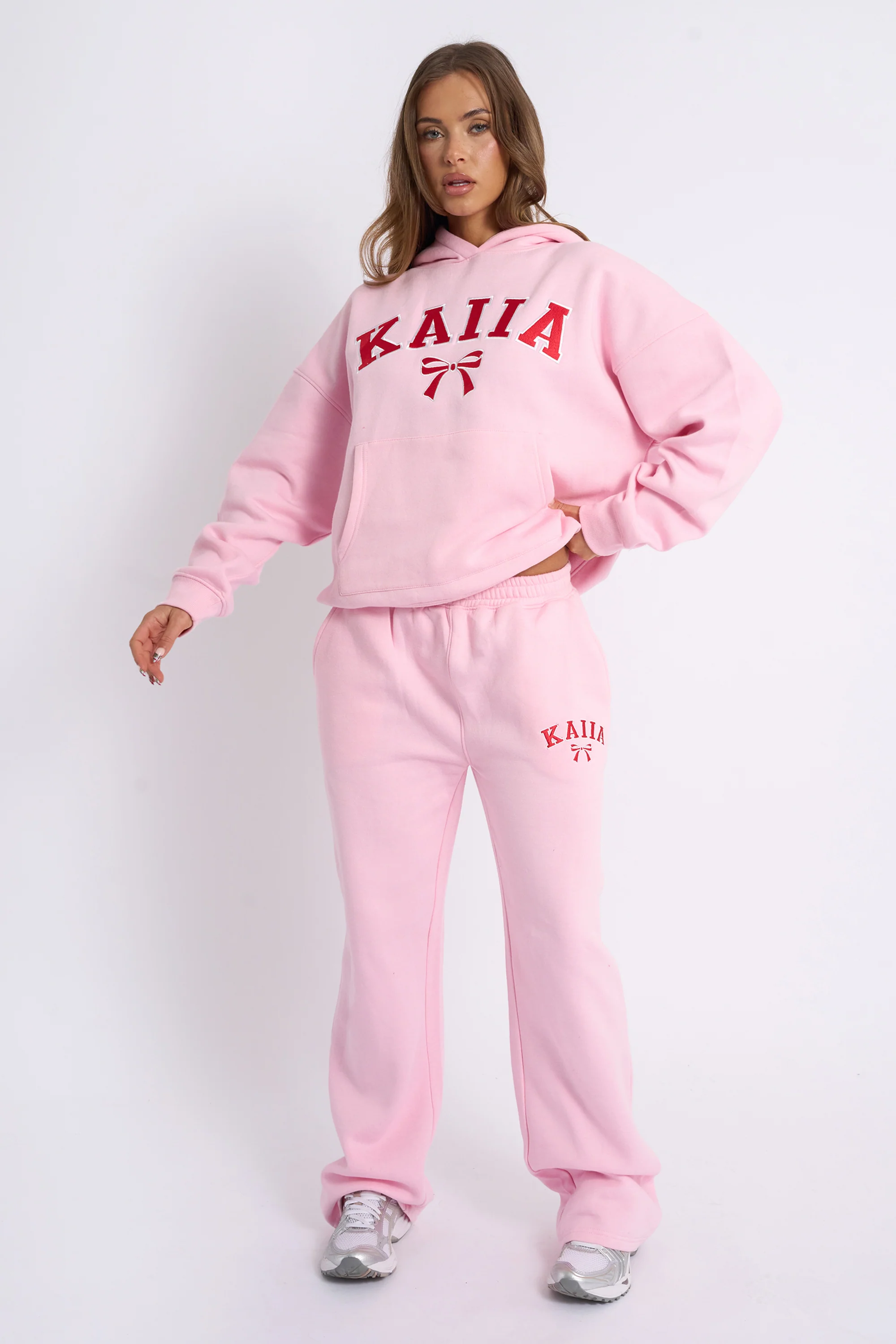 Kaiia Bow Embroidered Oversized Hoodie Baby Pink & Red - Image 4