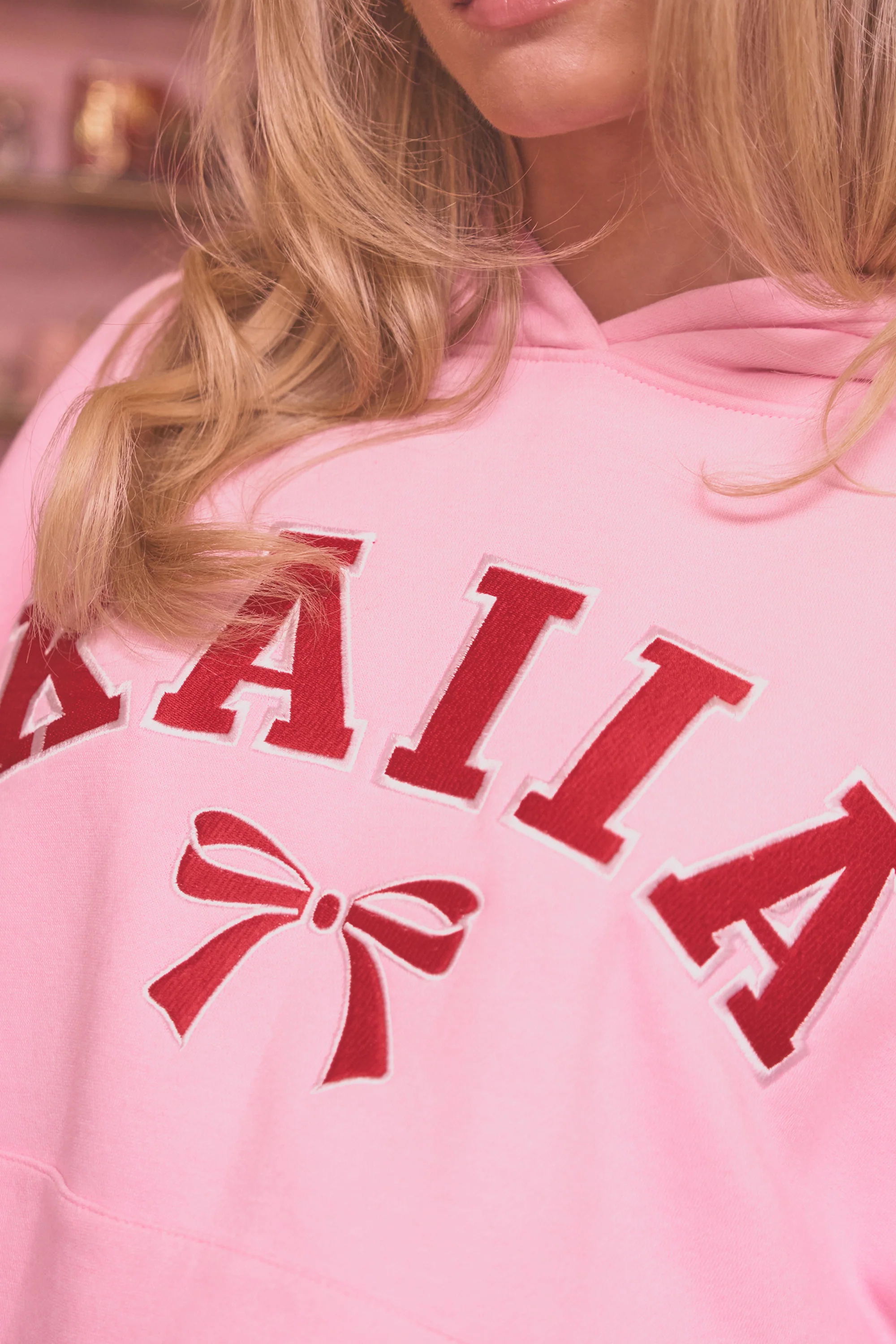 Kaiia Bow Embroidered Oversized Hoodie Baby Pink & Red - Image 8