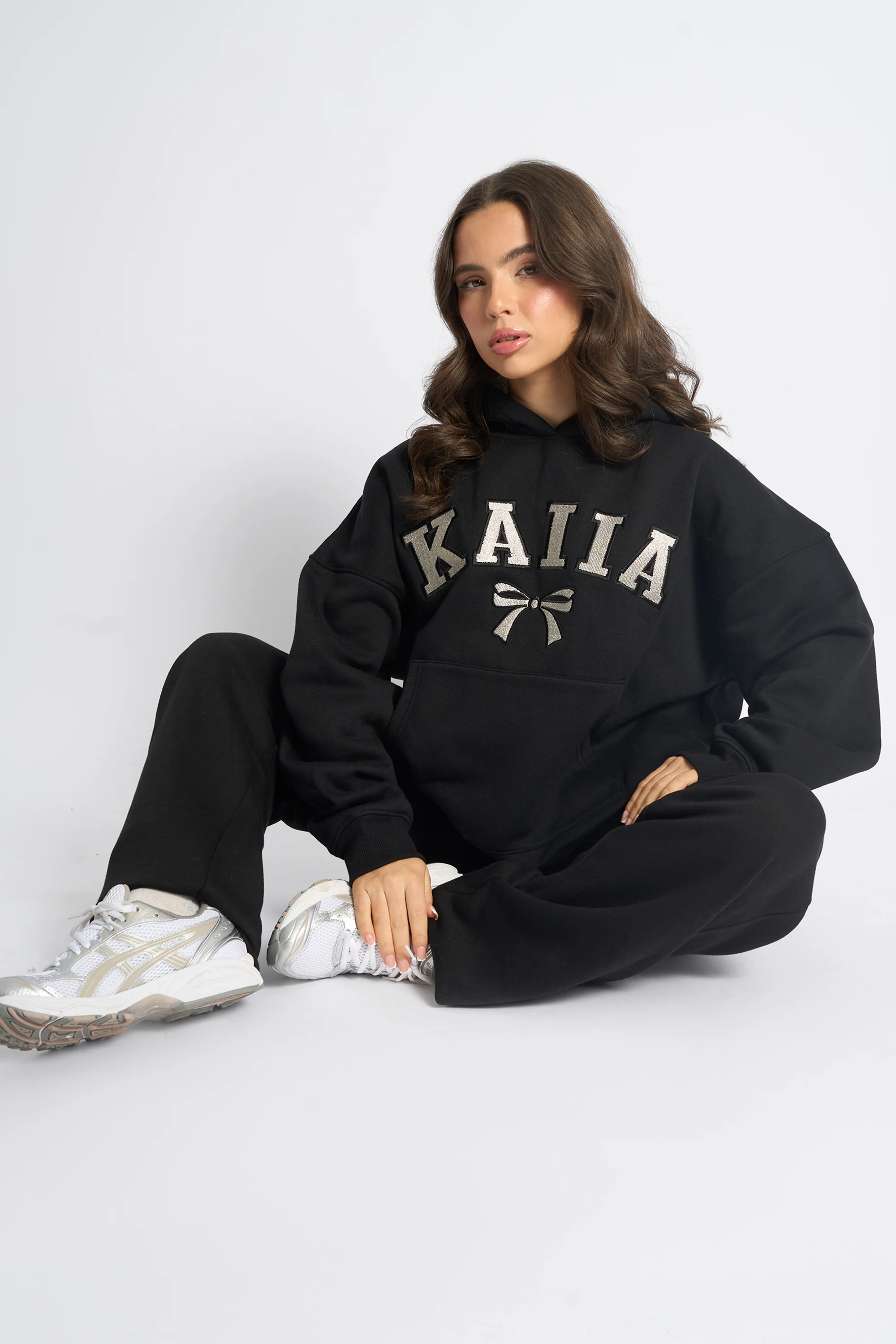 Kaiia Bow Embroidered Oversized Hoodie Black & Silver - Image 3