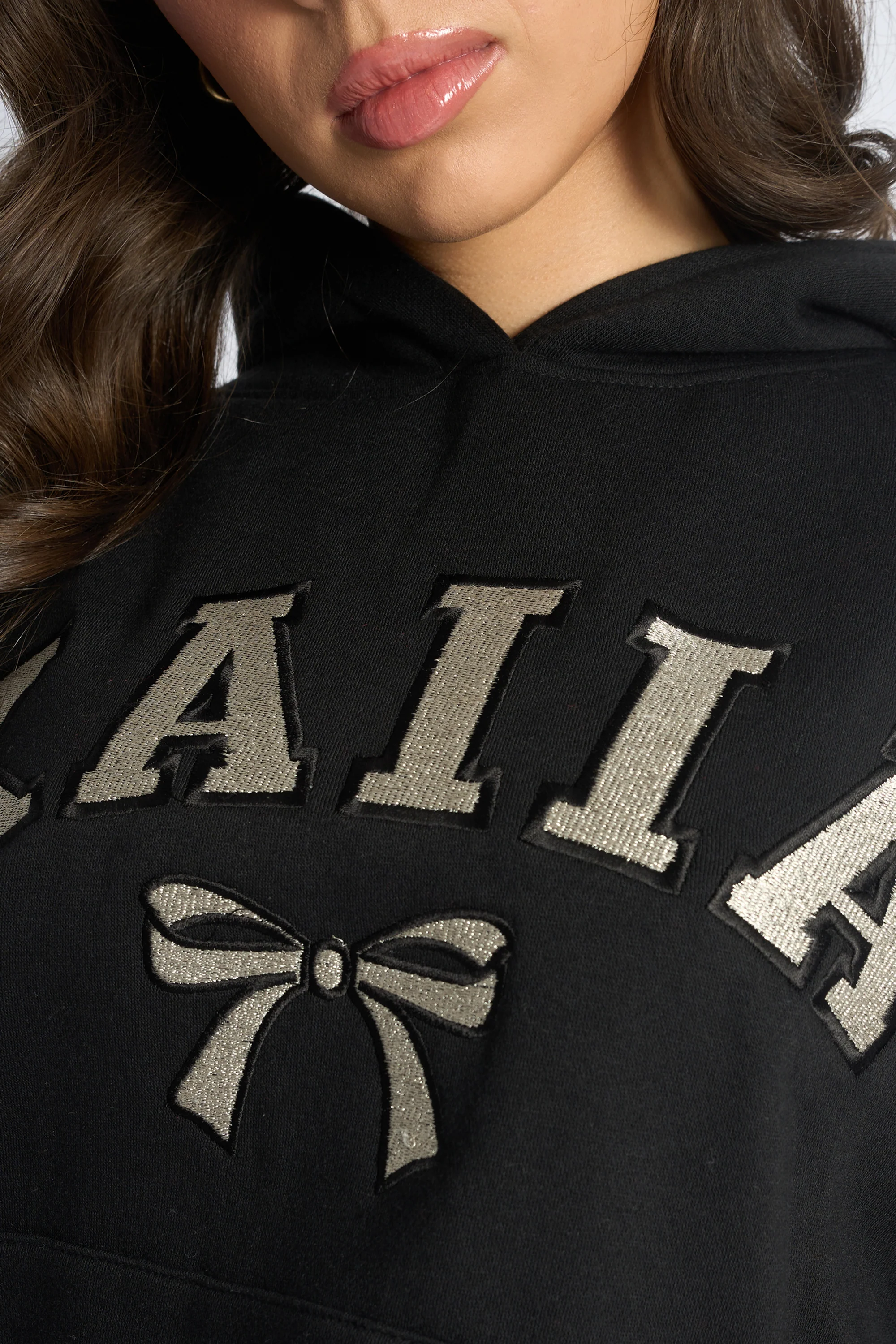 Kaiia Bow Embroidered Oversized Hoodie Black & Silver - Image 4