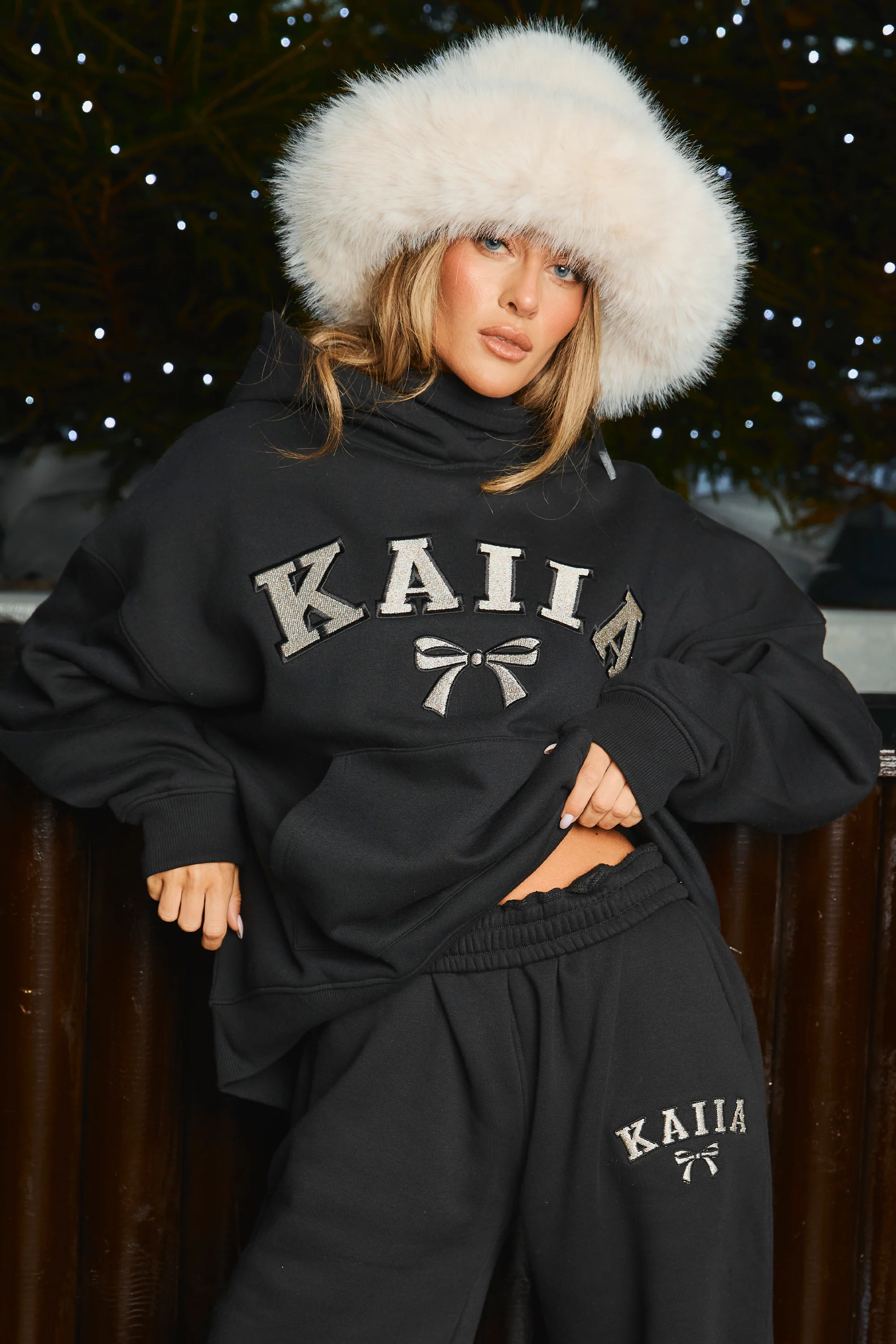 Kaiia Bow Embroidered Oversized Hoodie Black & Silver - Image 5