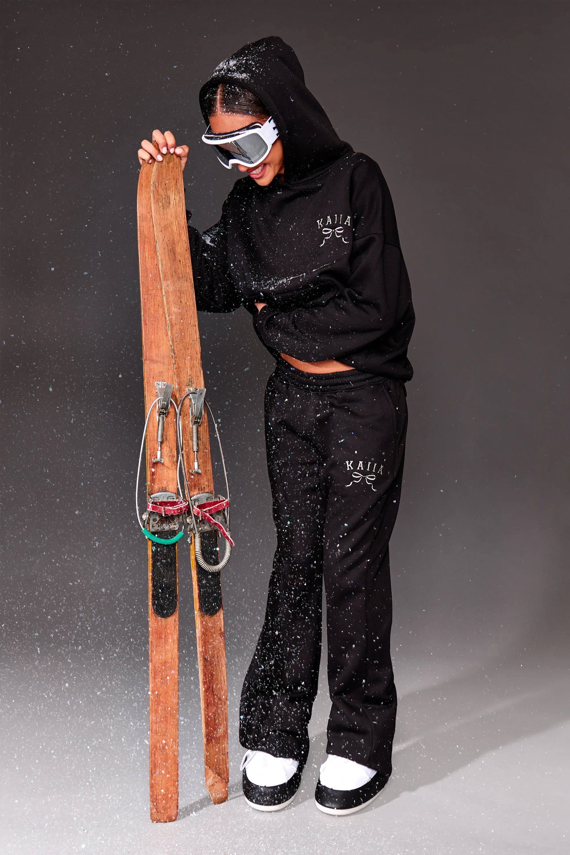 Kaiia Bow Embroidered Oversized Hoodie Black & Silver - Image 3