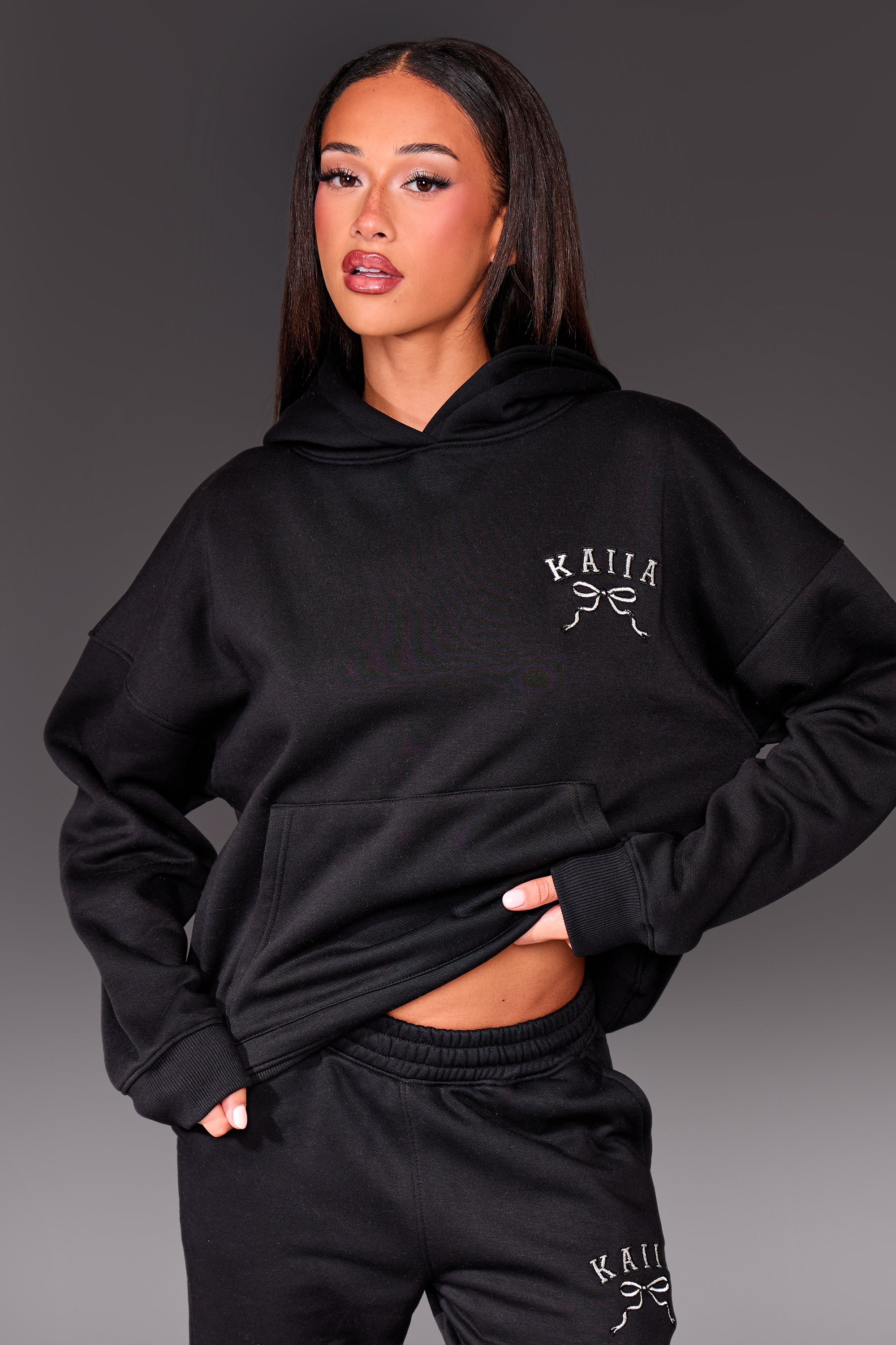 Kaiia Bow Embroidered Oversized Hoodie Black & Silver - Image 4