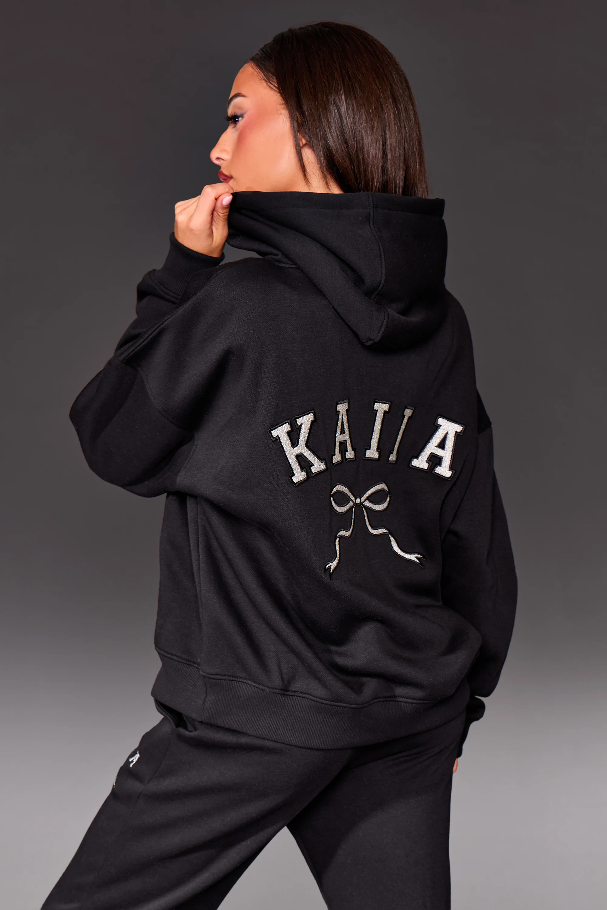 Kaiia Bow Embroidered Oversized Hoodie Black & Silver - Image 5
