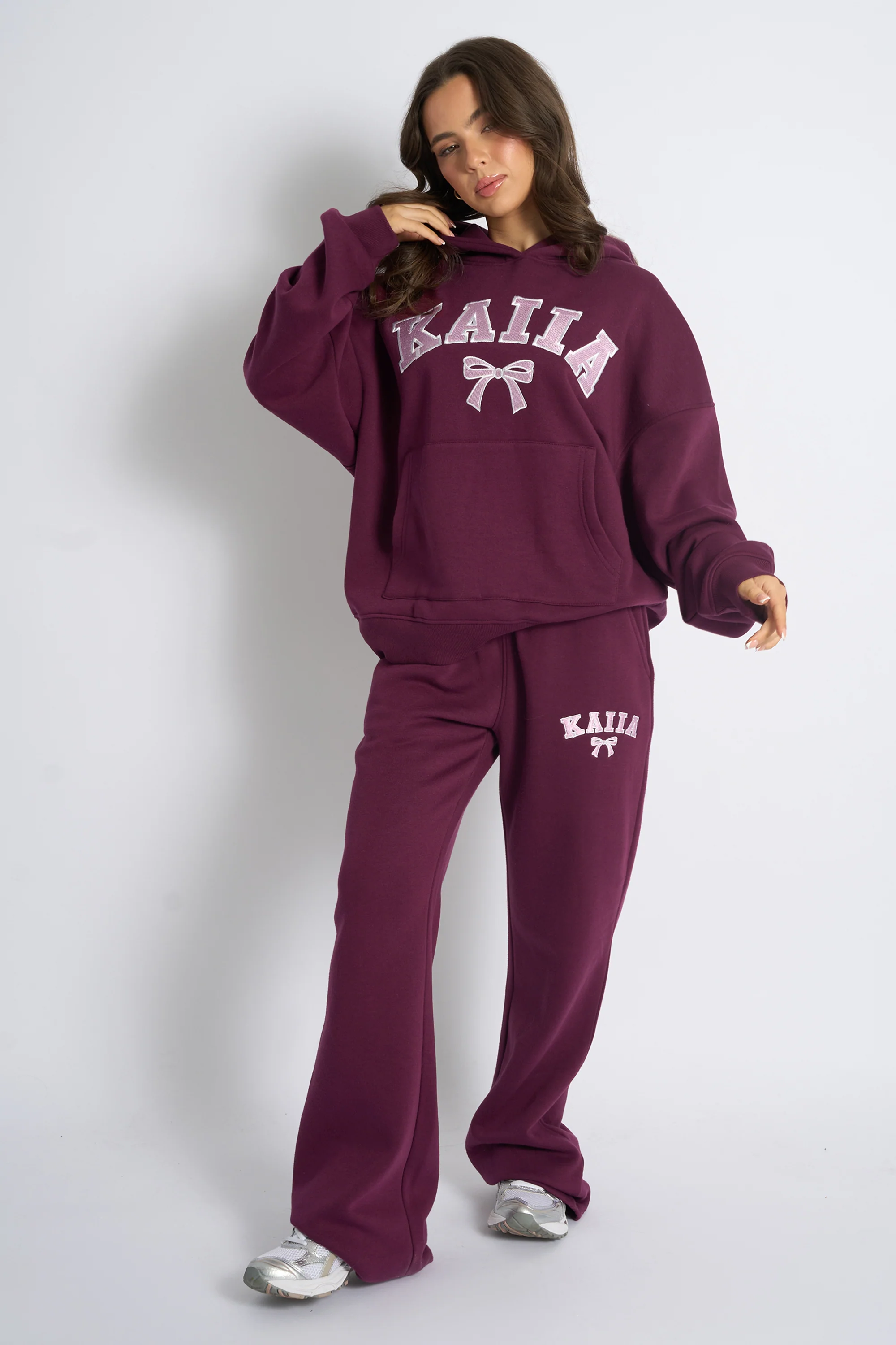 Kaiia Bow Embroidered Oversized Hoodie Plum & Baby Pink - Image 3