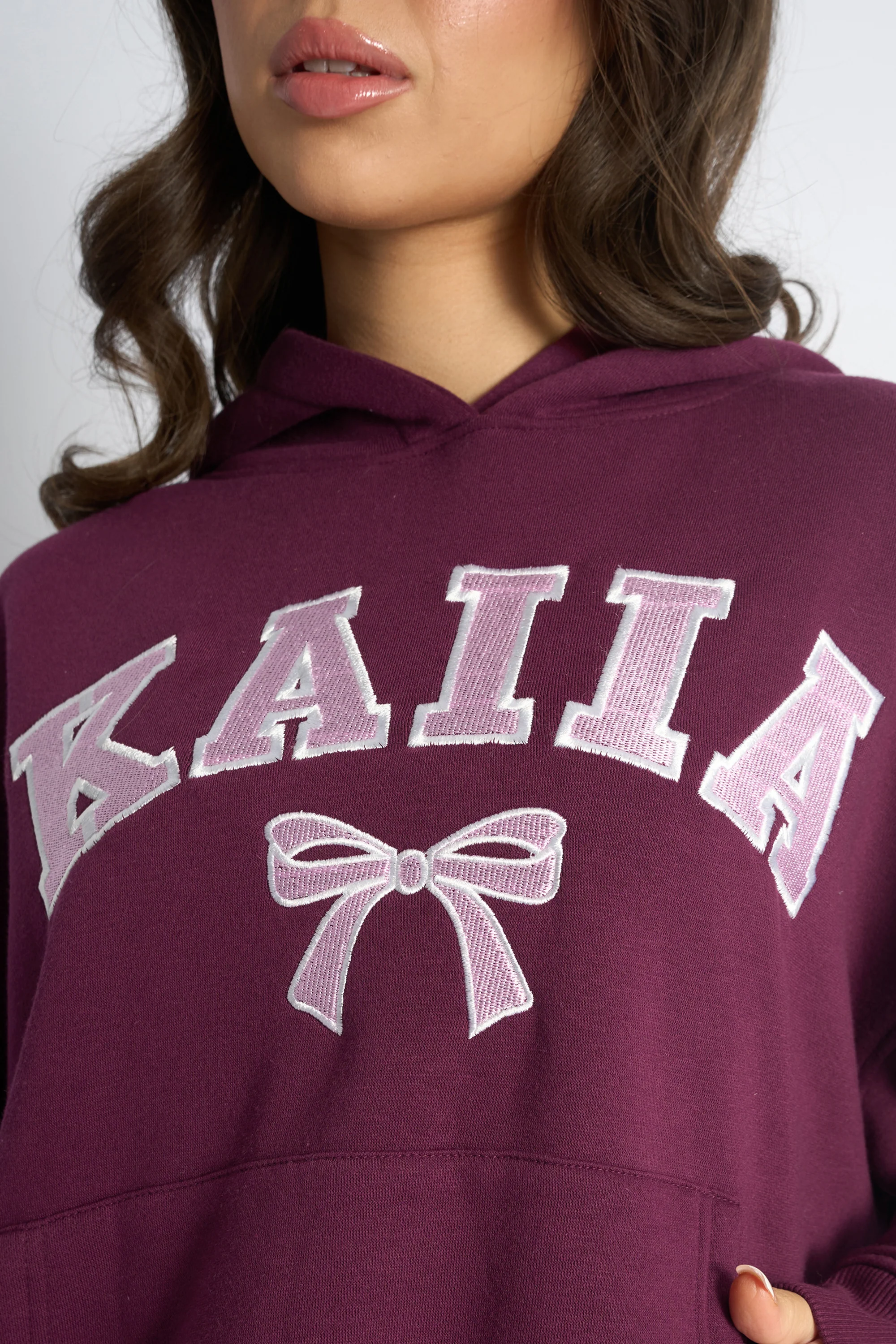 Kaiia Bow Embroidered Oversized Hoodie Plum & Baby Pink - Image 4