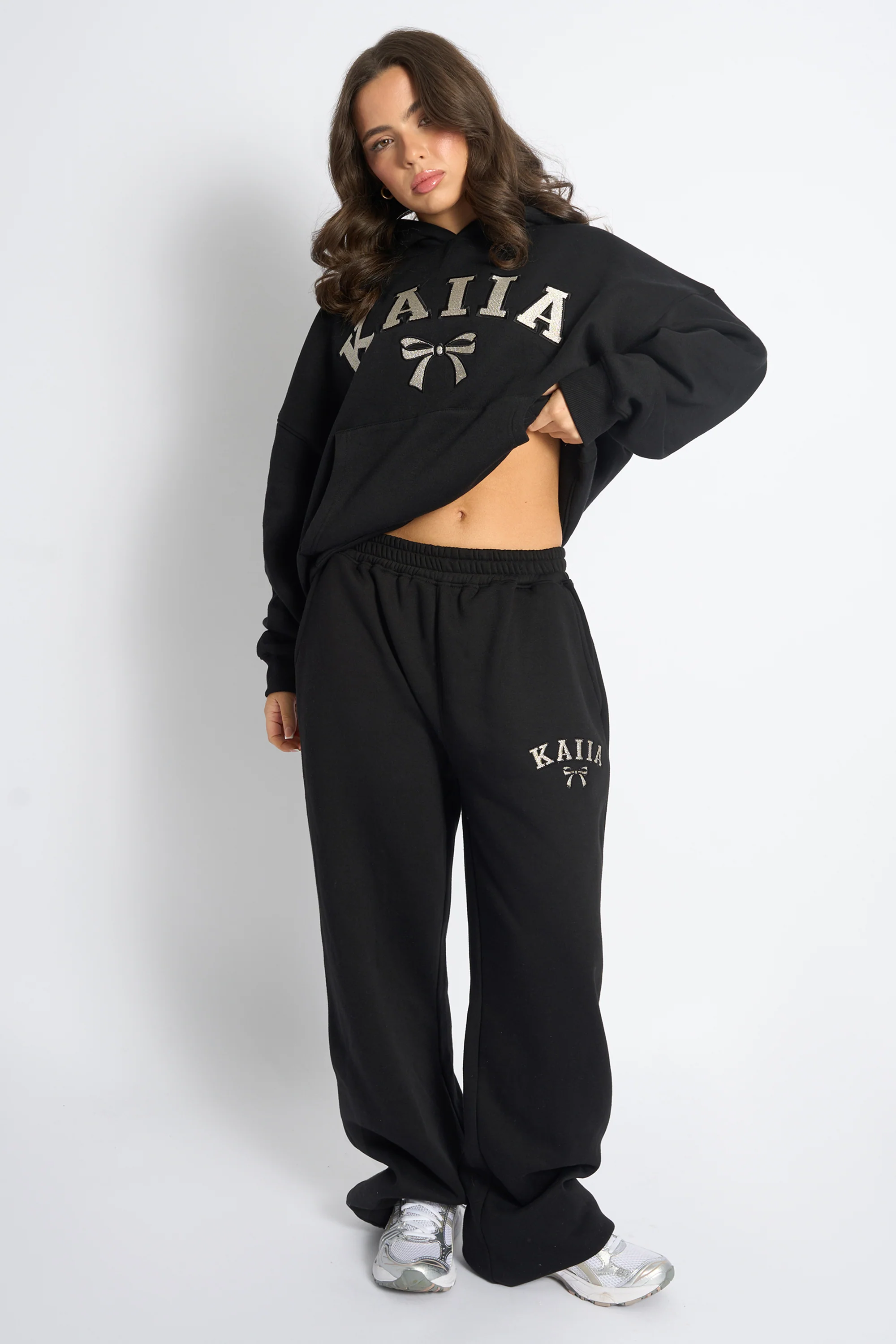 Kaiia Bow Embroidered Ribbed Waistband Wide Leg Joggers Black & Silver