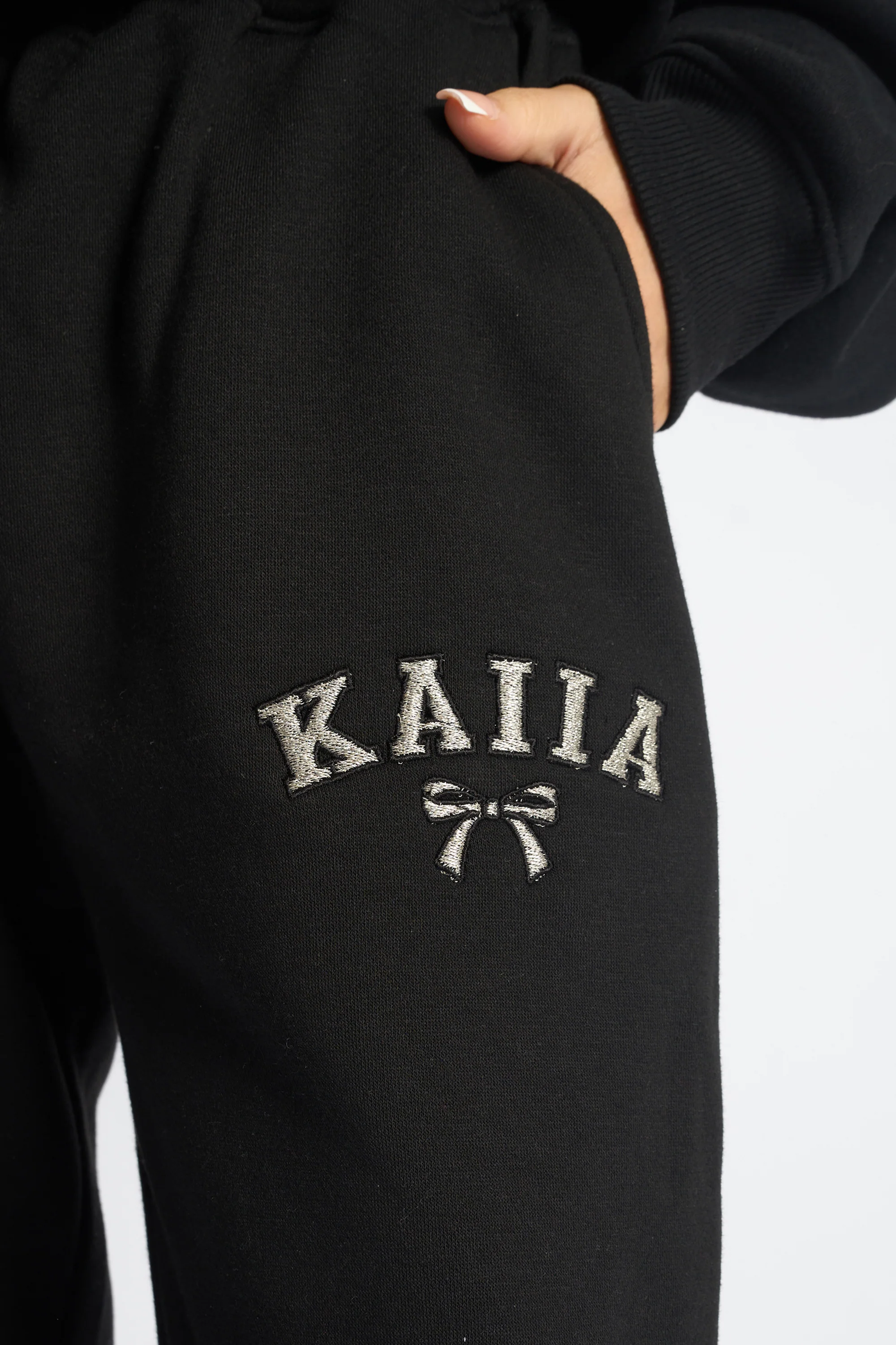 Kaiia Bow Embroidered Ribbed Waistband Wide Leg Joggers Black & Silver - Image 4