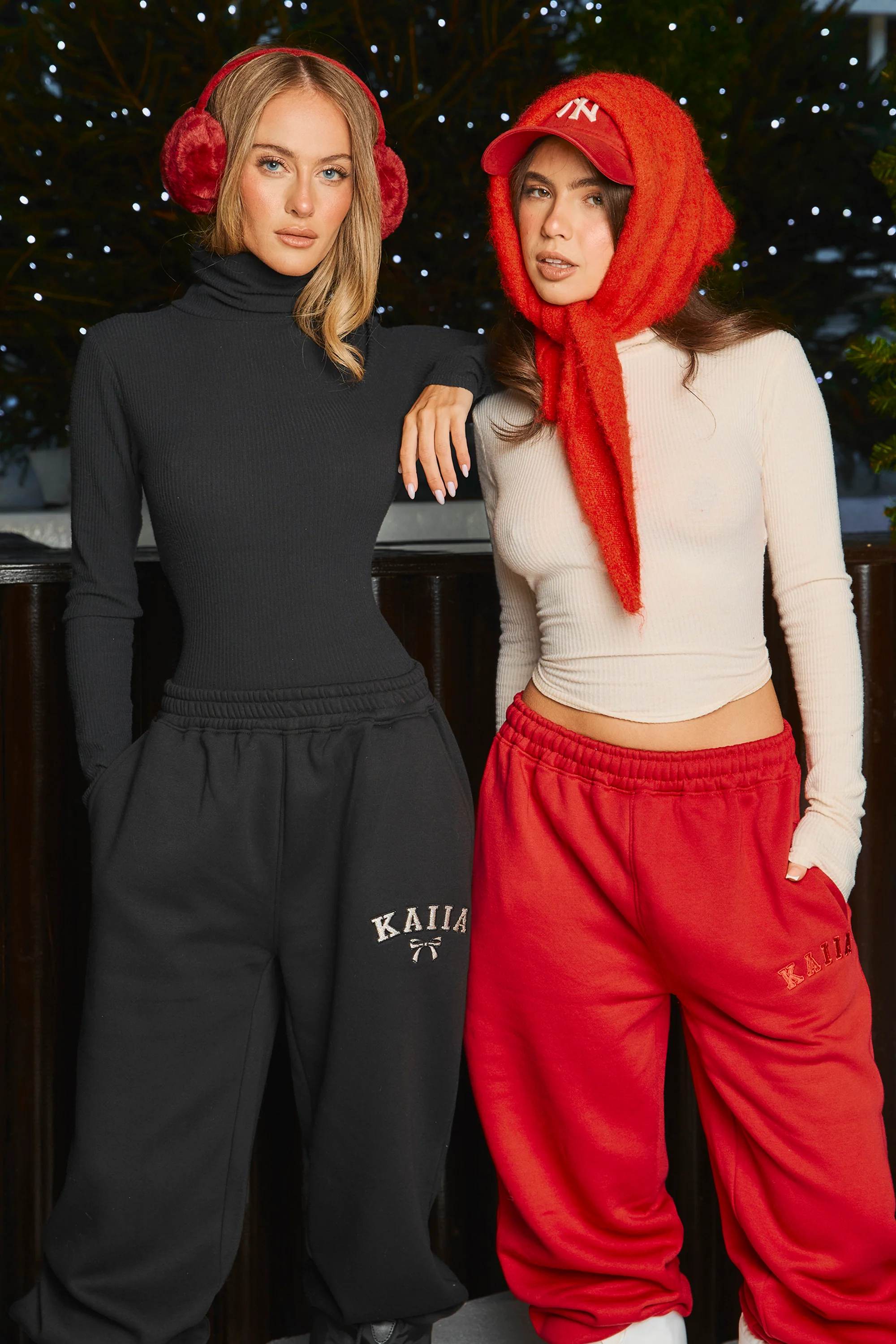 Kaiia Bow Embroidered Ribbed Waistband Wide Leg Joggers Black & Silver - Image 5