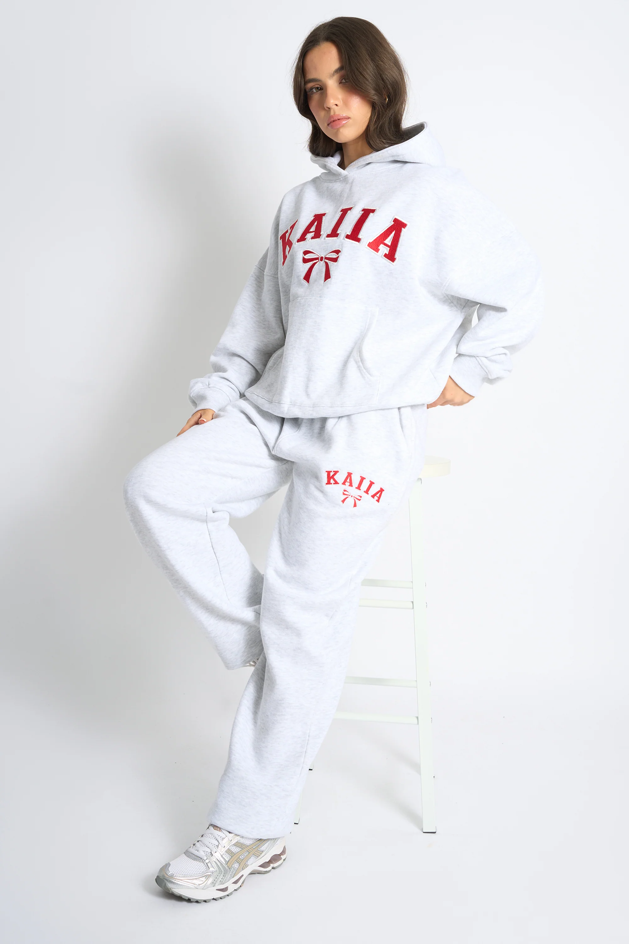 Kaiia Bow Embroidered Ribbed Waistband Wide Leg Joggers Light Grey Marl & Red