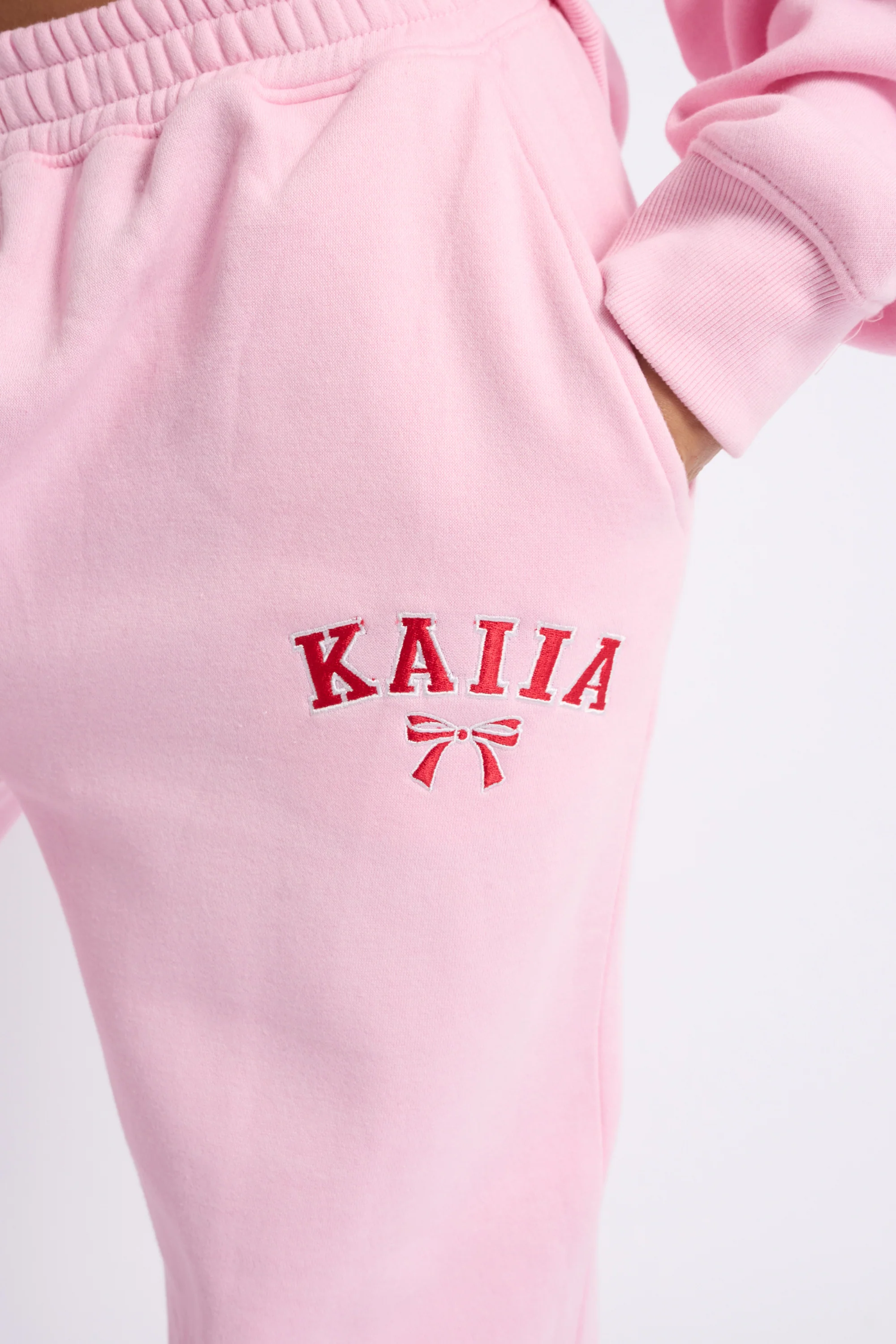 Kaiia Bow Embroidered Wide Leg Joggers Baby Pink & Red - Image 4