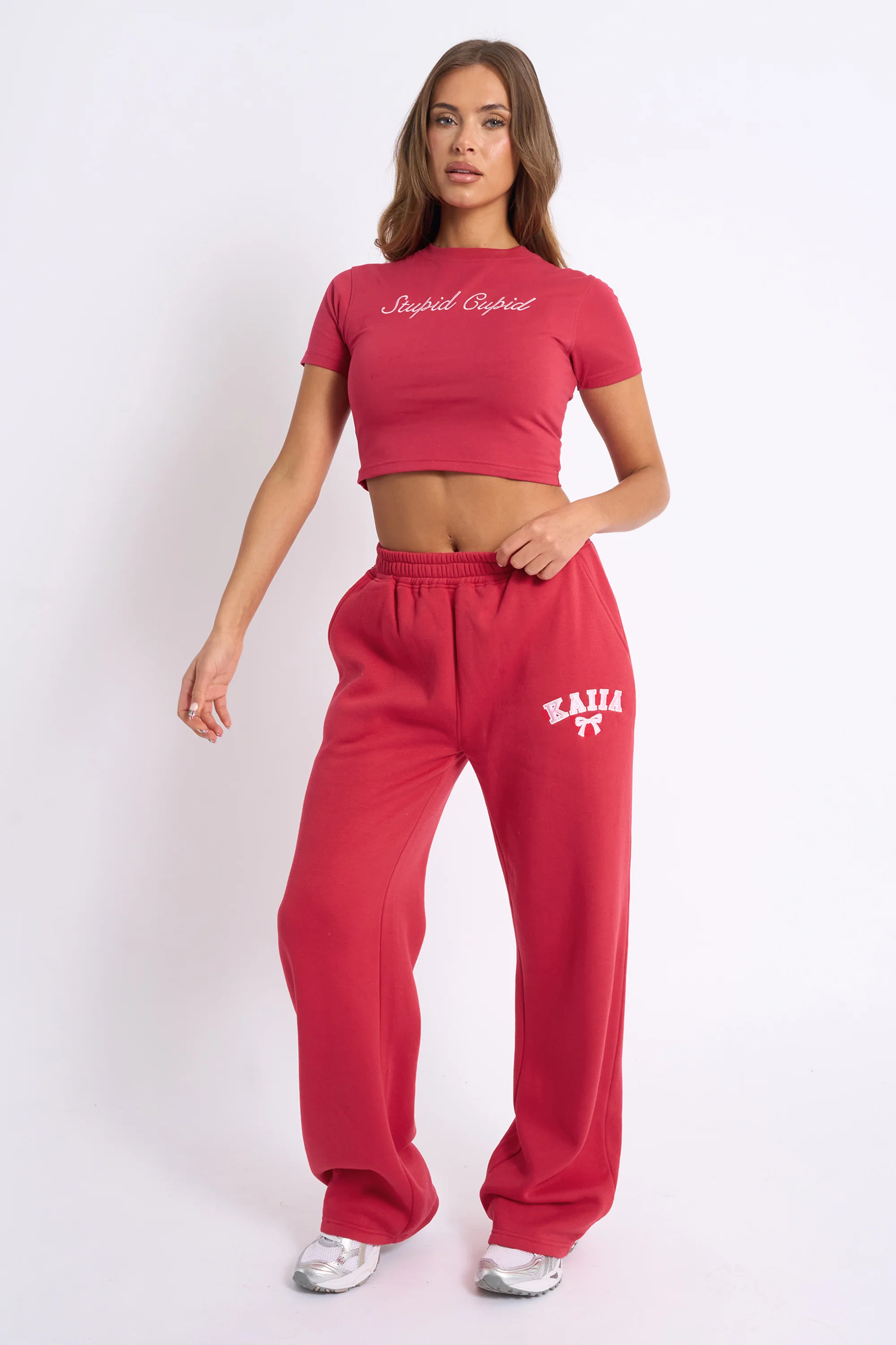 Kaiia Bow Embroidered Wide Leg Joggers Red & Baby Pink - Image 3