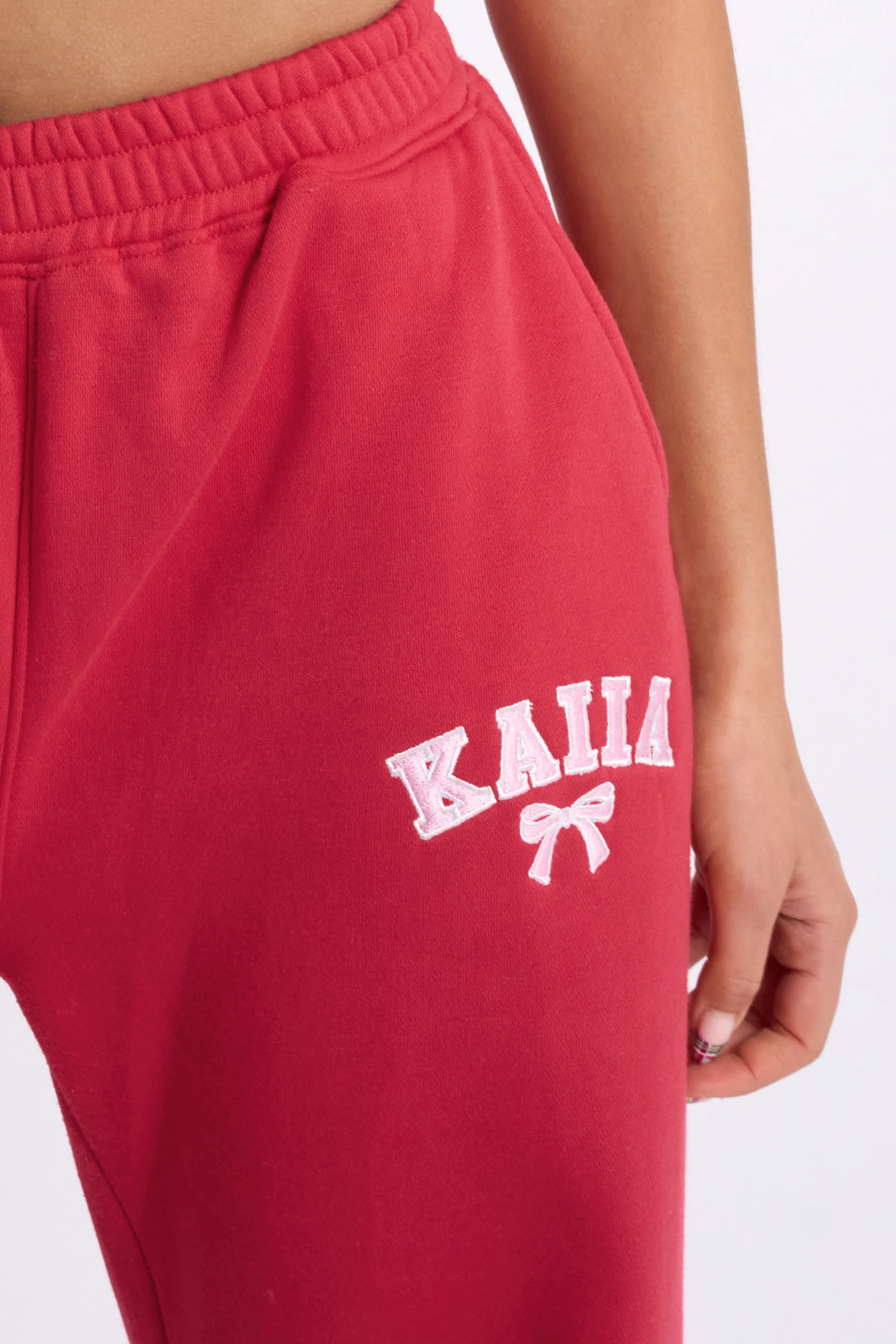 Kaiia Bow Embroidered Wide Leg Joggers Red & Baby Pink - Image 4