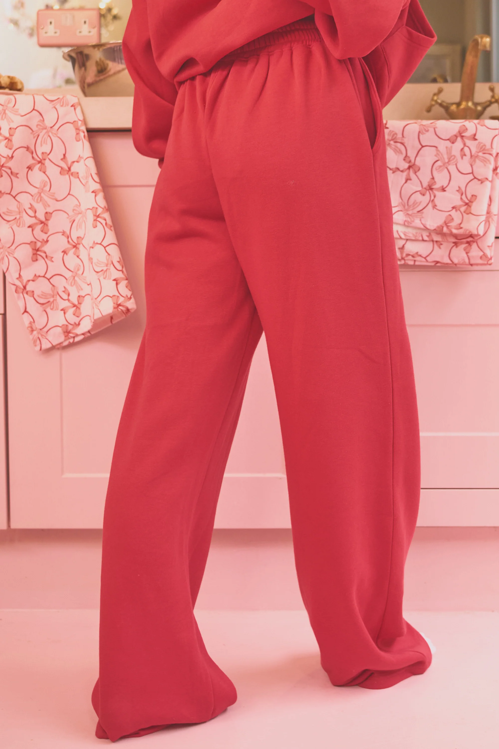 Kaiia Bow Embroidered Wide Leg Joggers Red & Baby Pink - Image 7