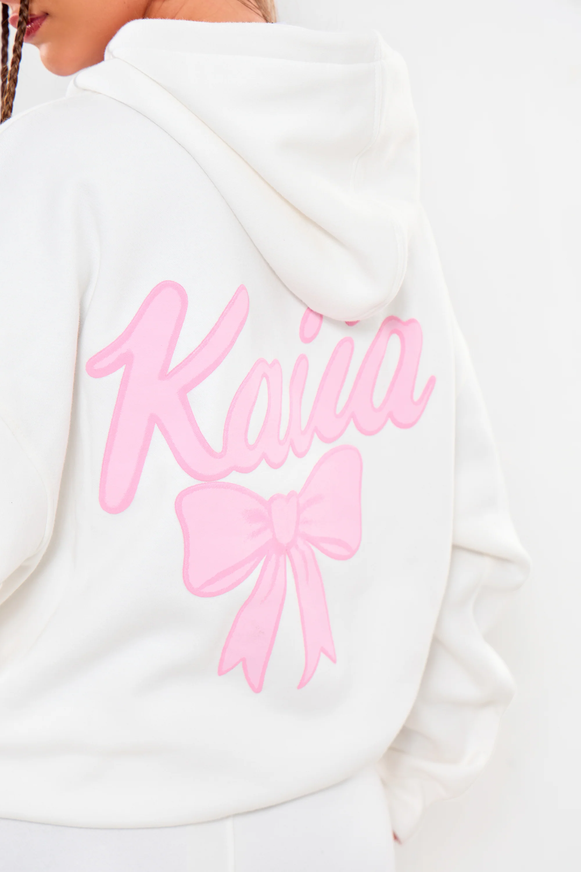 Kaiia Bow Graphic Oversized Hoodie Cream & Pink - Image 2