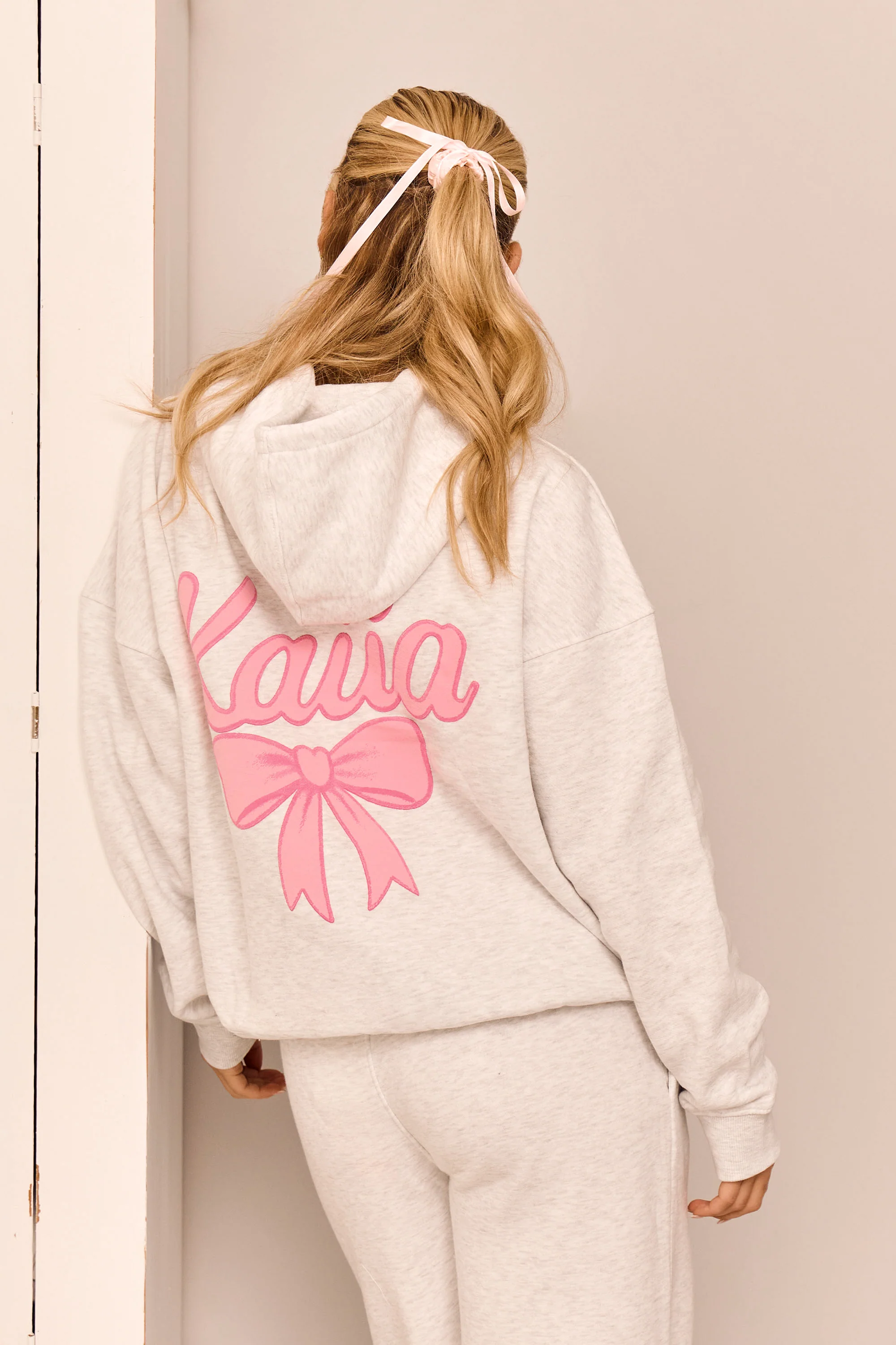 Kaiia Bow Graphic Oversized Hoodie Light Grey Marl & Pink - Image 4