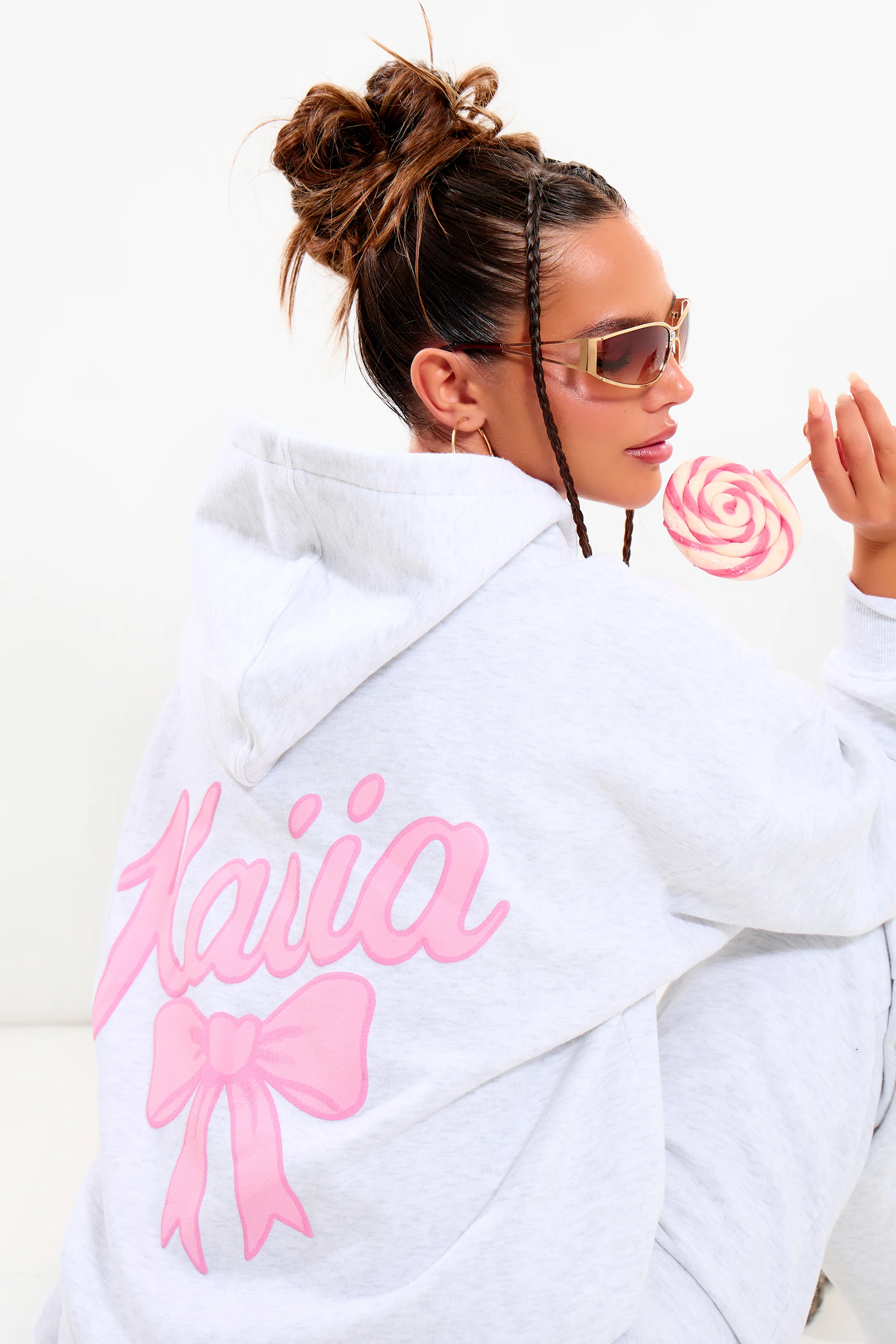Kaiia Bow Graphic Oversized Hoodie Light Grey Marl & Pink - Image 5
