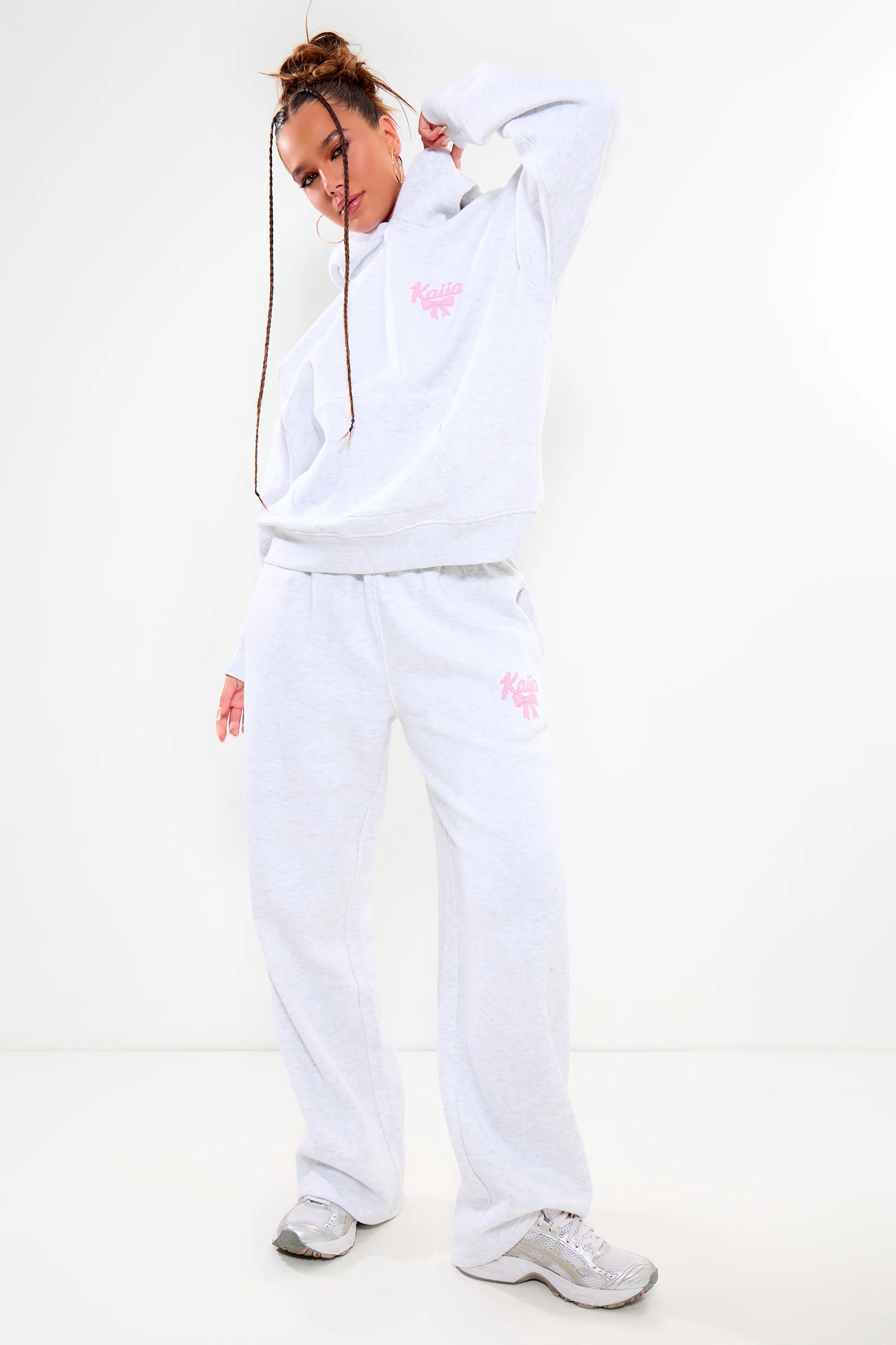 Kaiia Bow Graphic Oversized Hoodie Light Grey Marl & Pink - Image 7