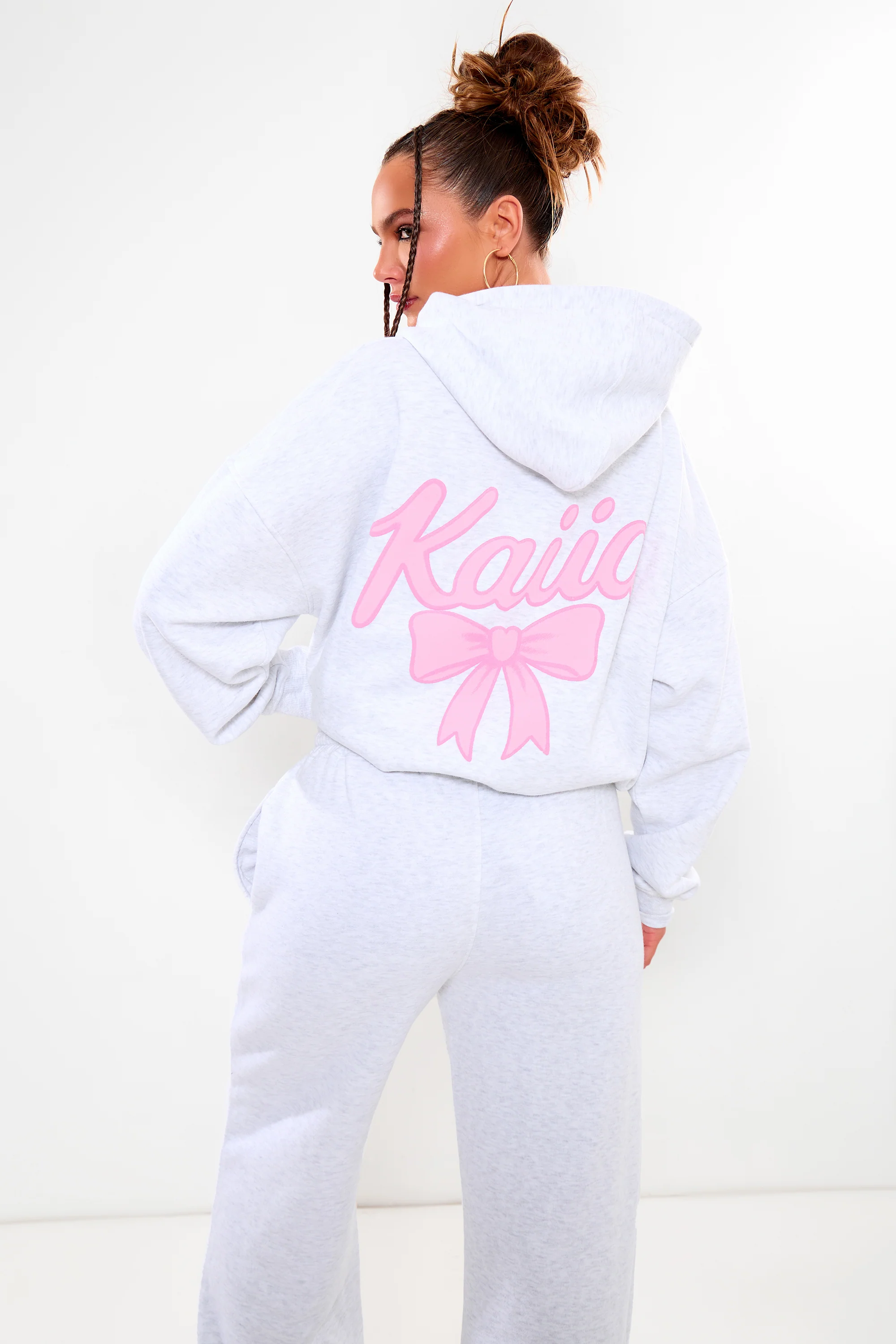 Kaiia Bow Graphic Oversized Hoodie Light Grey Marl & Pink - Image 8