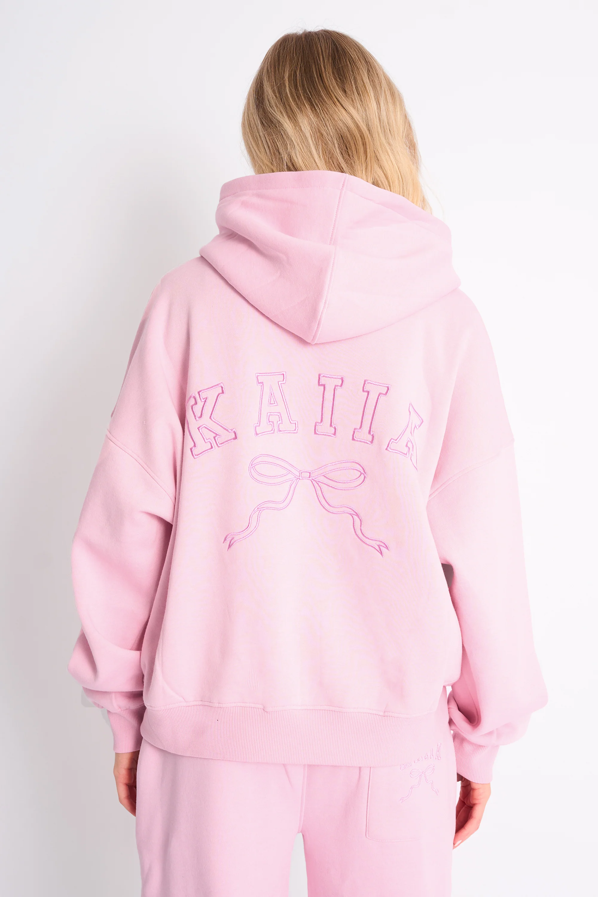 Kaiia Bow Embroidered Oversized Hoodie Baby Pink