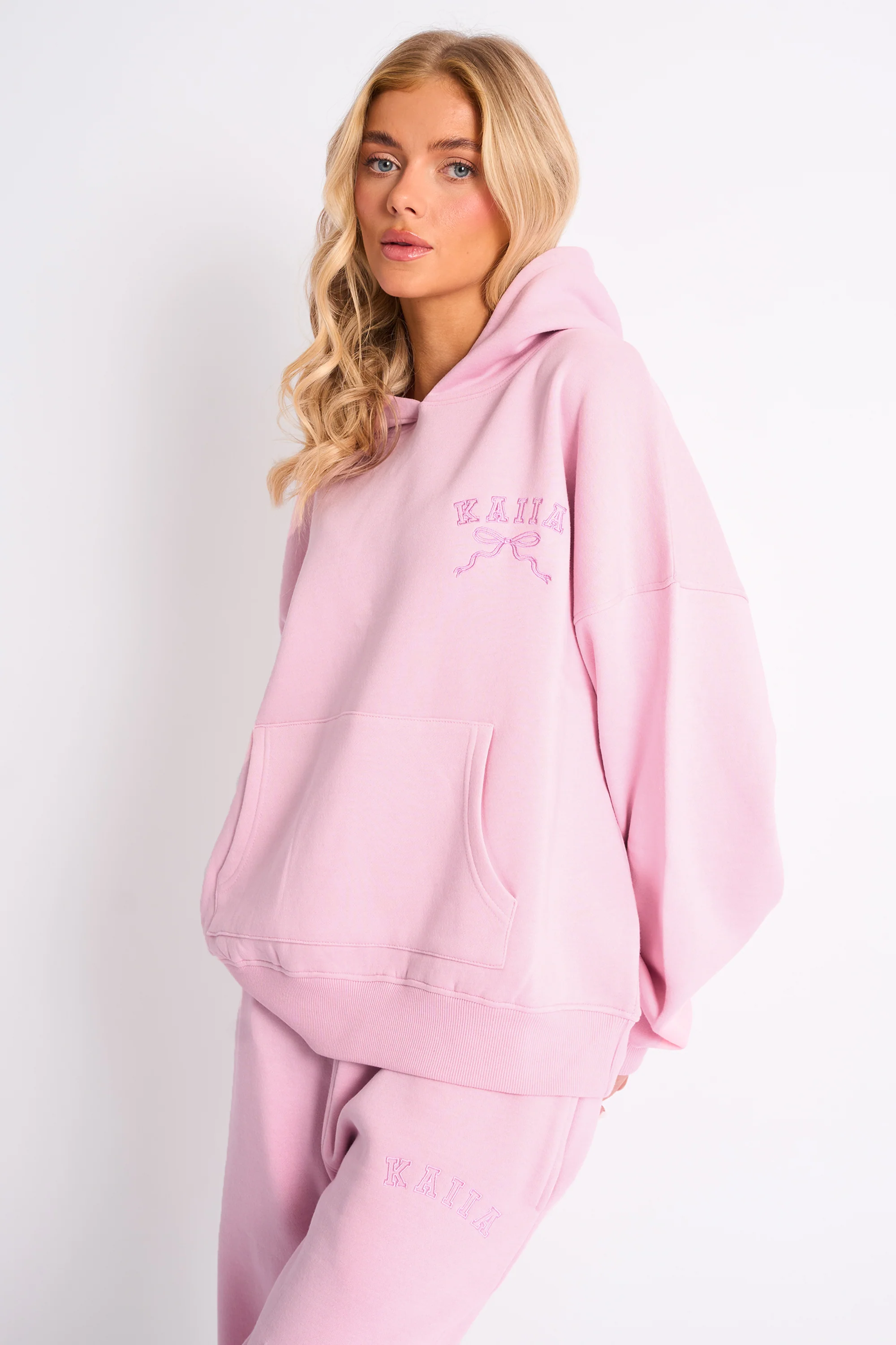 Kaiia Bow Embroidered Oversized Hoodie Baby Pink - Image 2