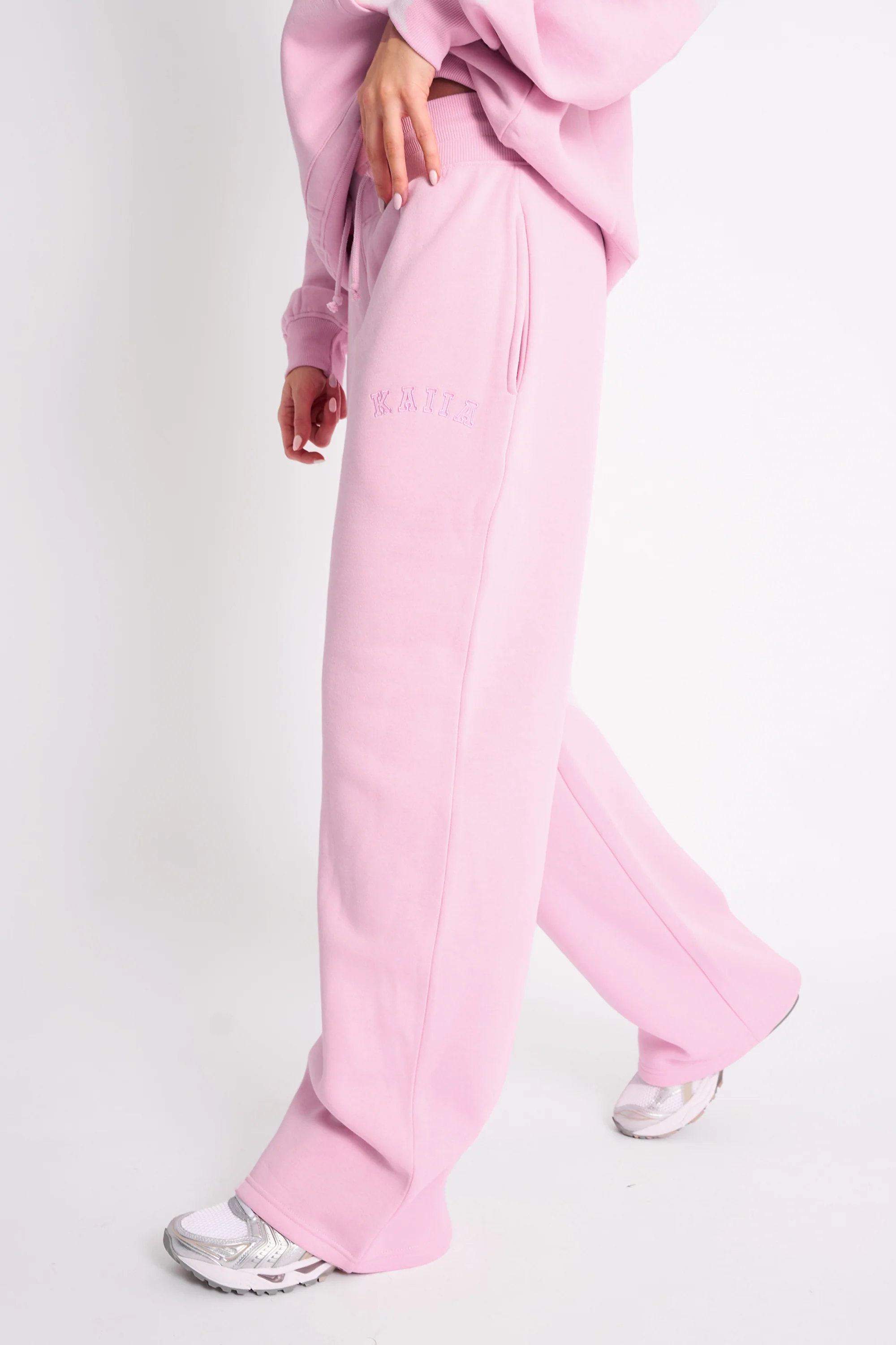 Kaiia Bow Ribbed Waistband Wide Leg Joggers Baby Pink - Image 3