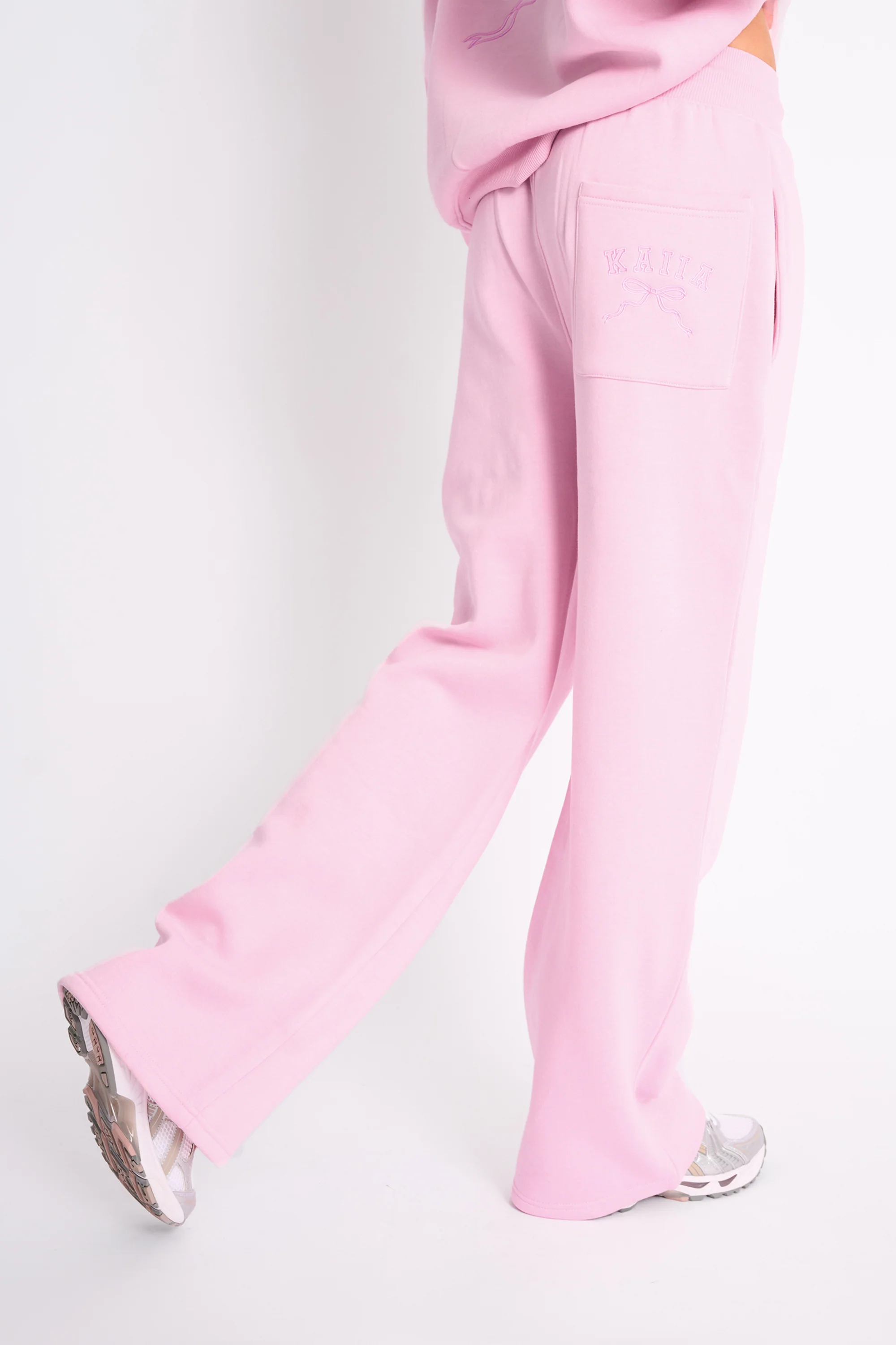 Kaiia Bow Ribbed Waistband Wide Leg Joggers Baby Pink - Image 4