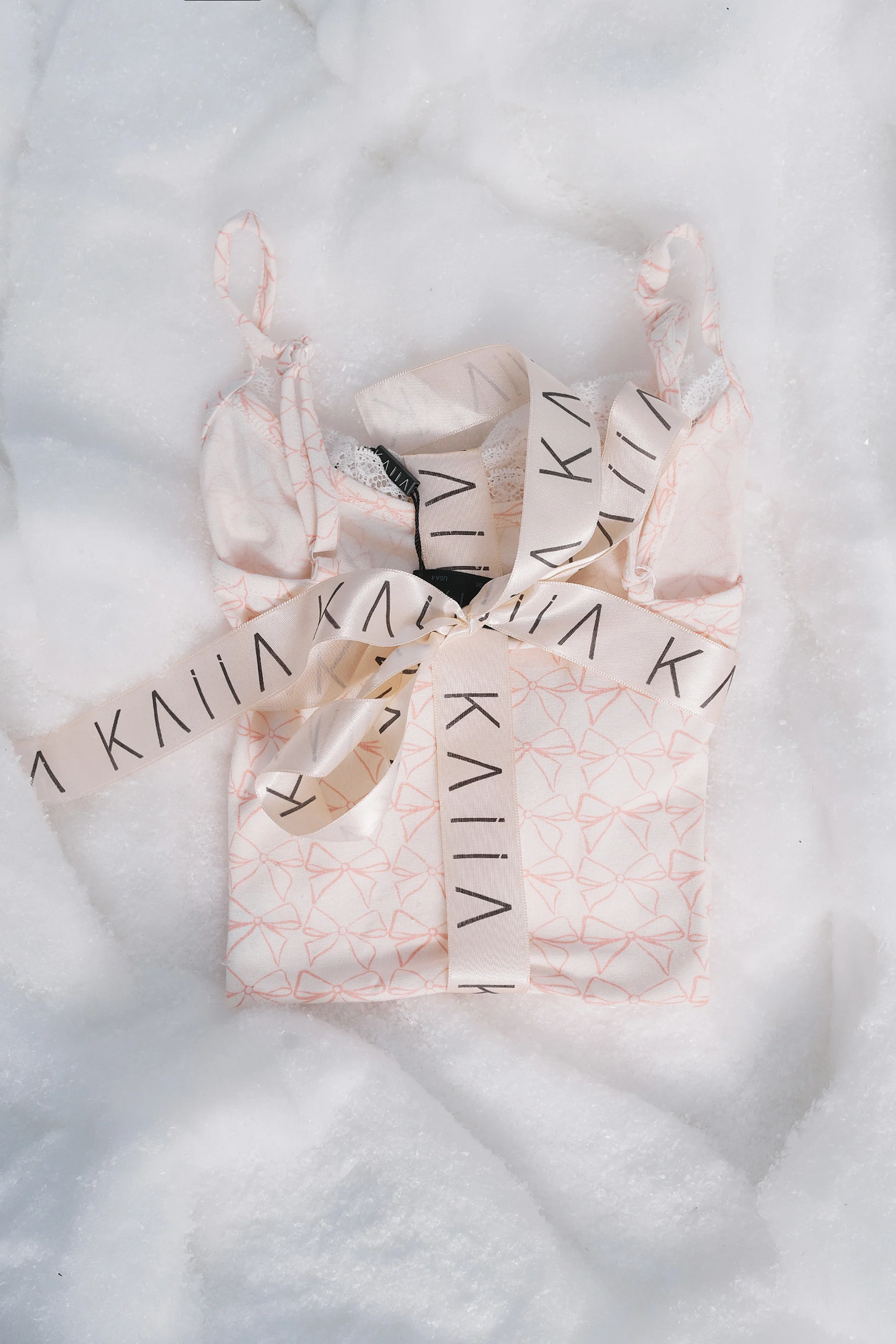 Kaiia Bow Print Lace Cami Top & Shorts Pj Set Cream & Pink - Image 9