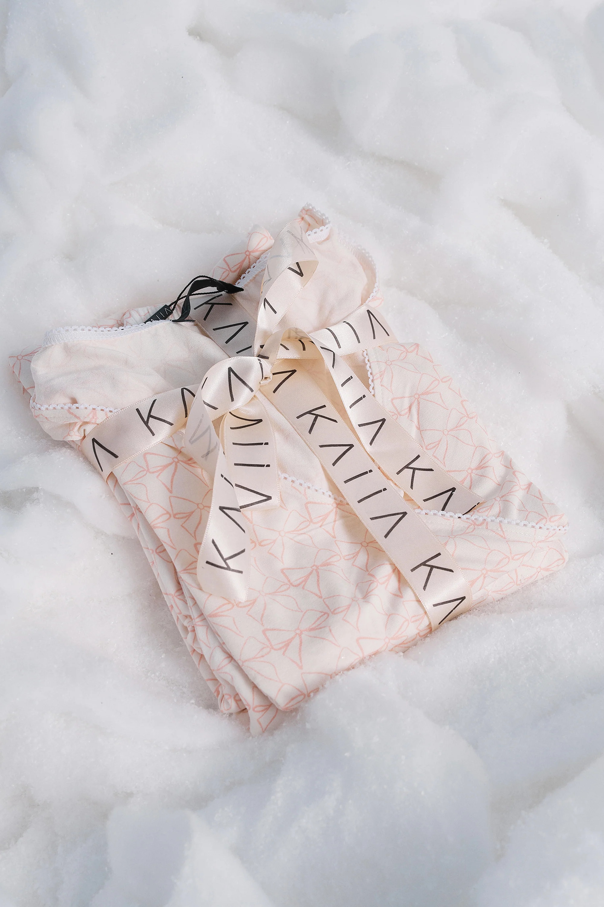 Kaiia Bow Print Lace Wrap Top & Trouser Pj Set Cream & Pink - Image 10