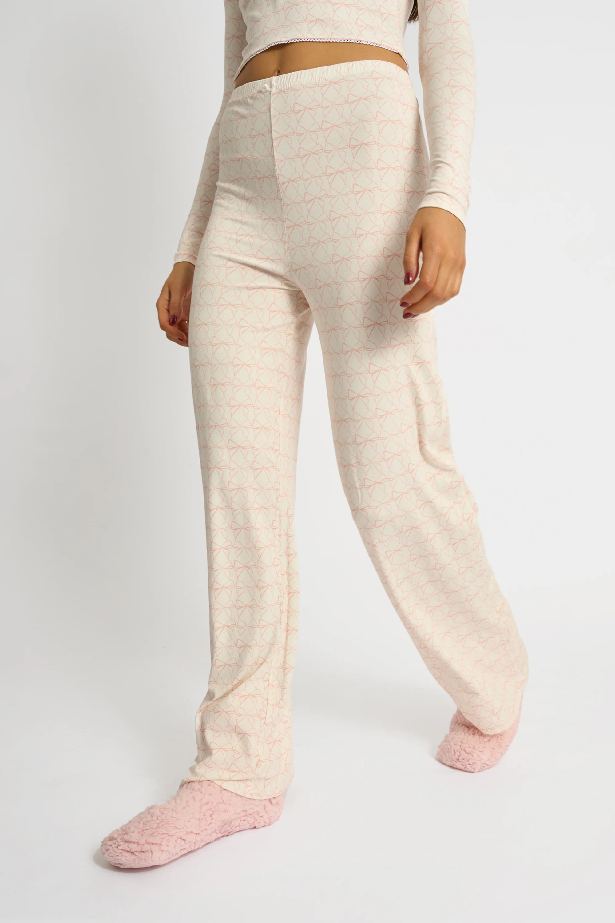 Kaiia Bow Print Lace Wrap Top & Trouser Pj Set Cream & Pink - Image 5