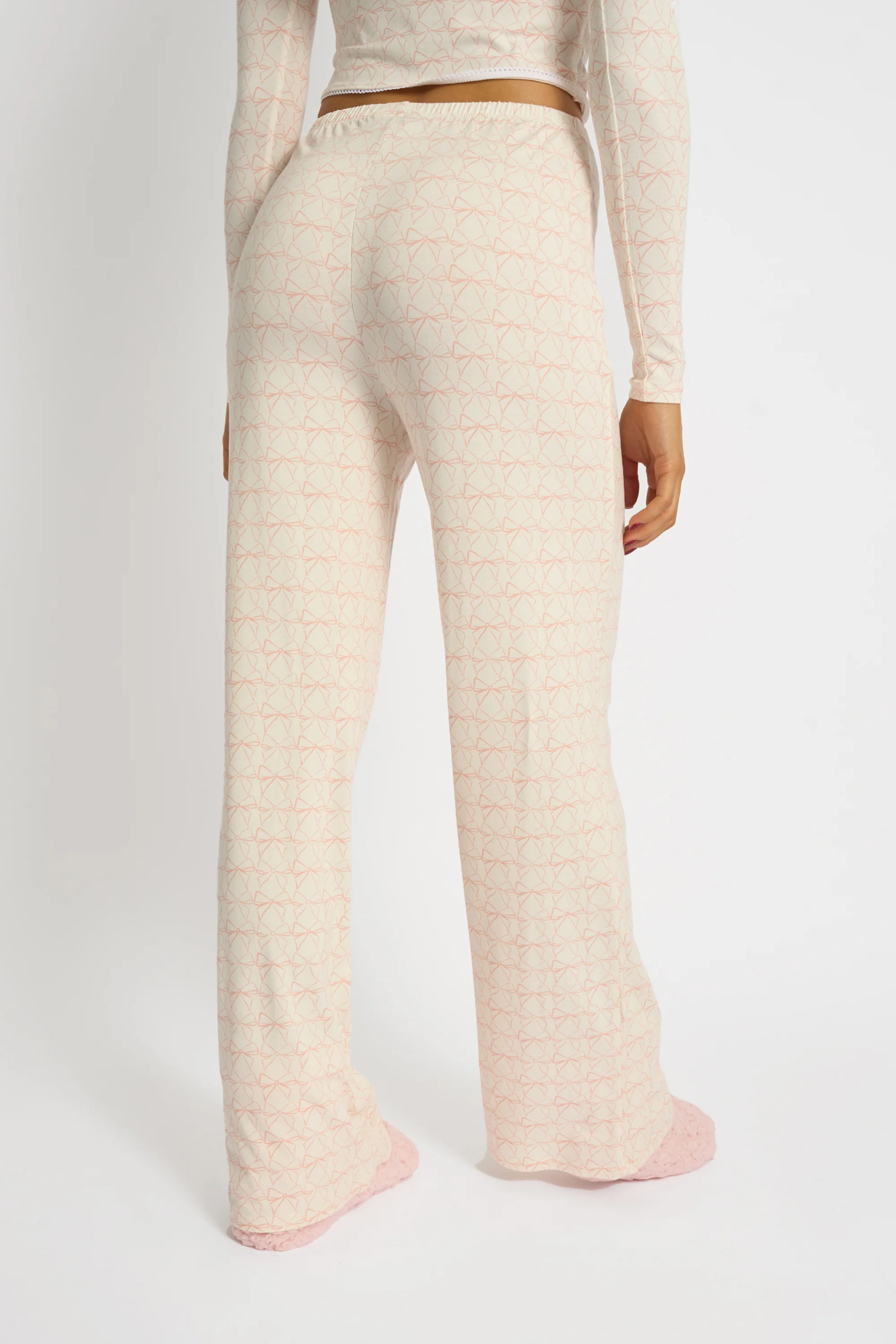 Kaiia Bow Print Lace Wrap Top & Trouser Pj Set Cream & Pink - Image 6